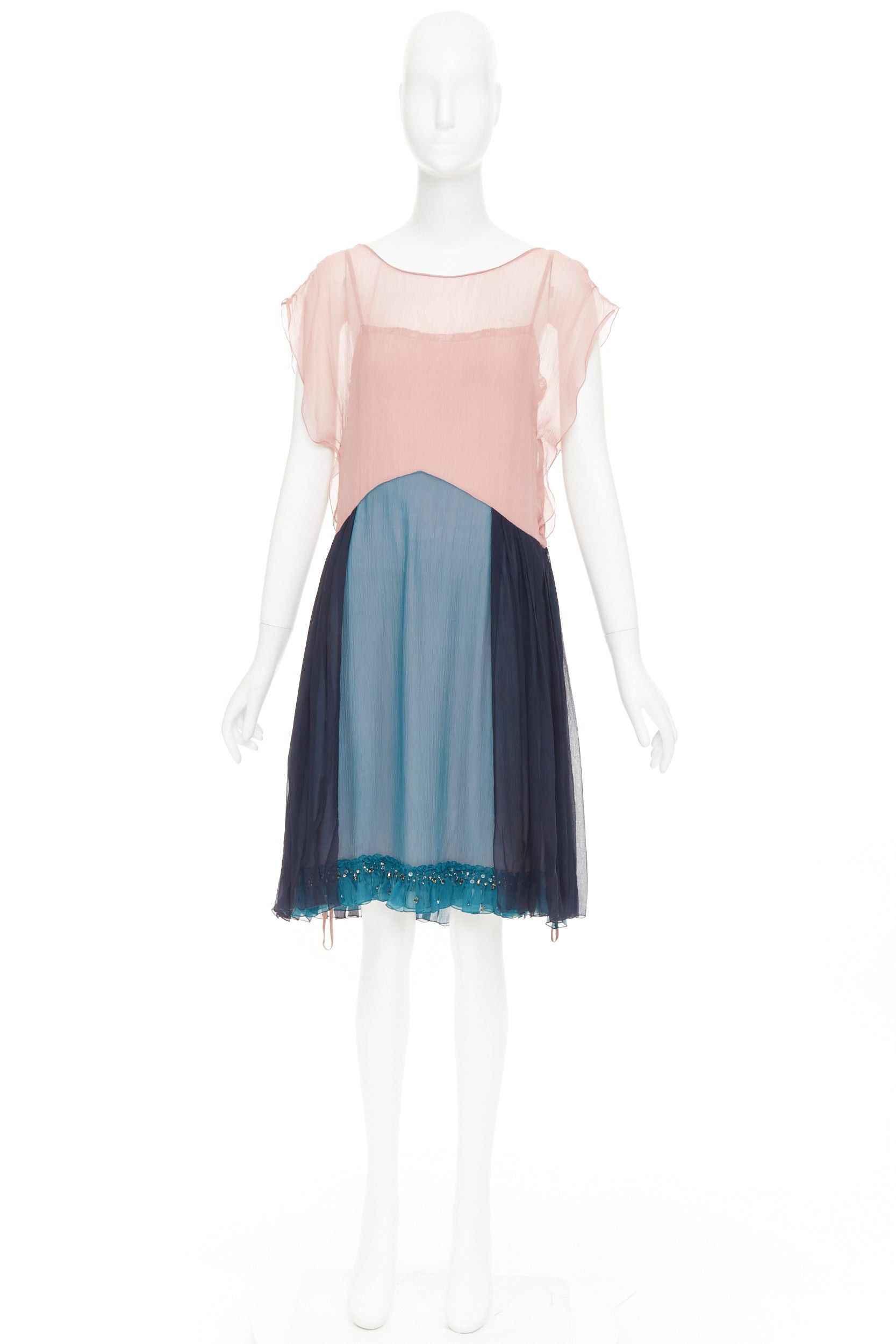 Prada PRADA 2015 silk chiffon paneled colorblocked embellished hem cocktail dress IT40 S Size S / US 4 / IT 40 - 10 Thumbnail