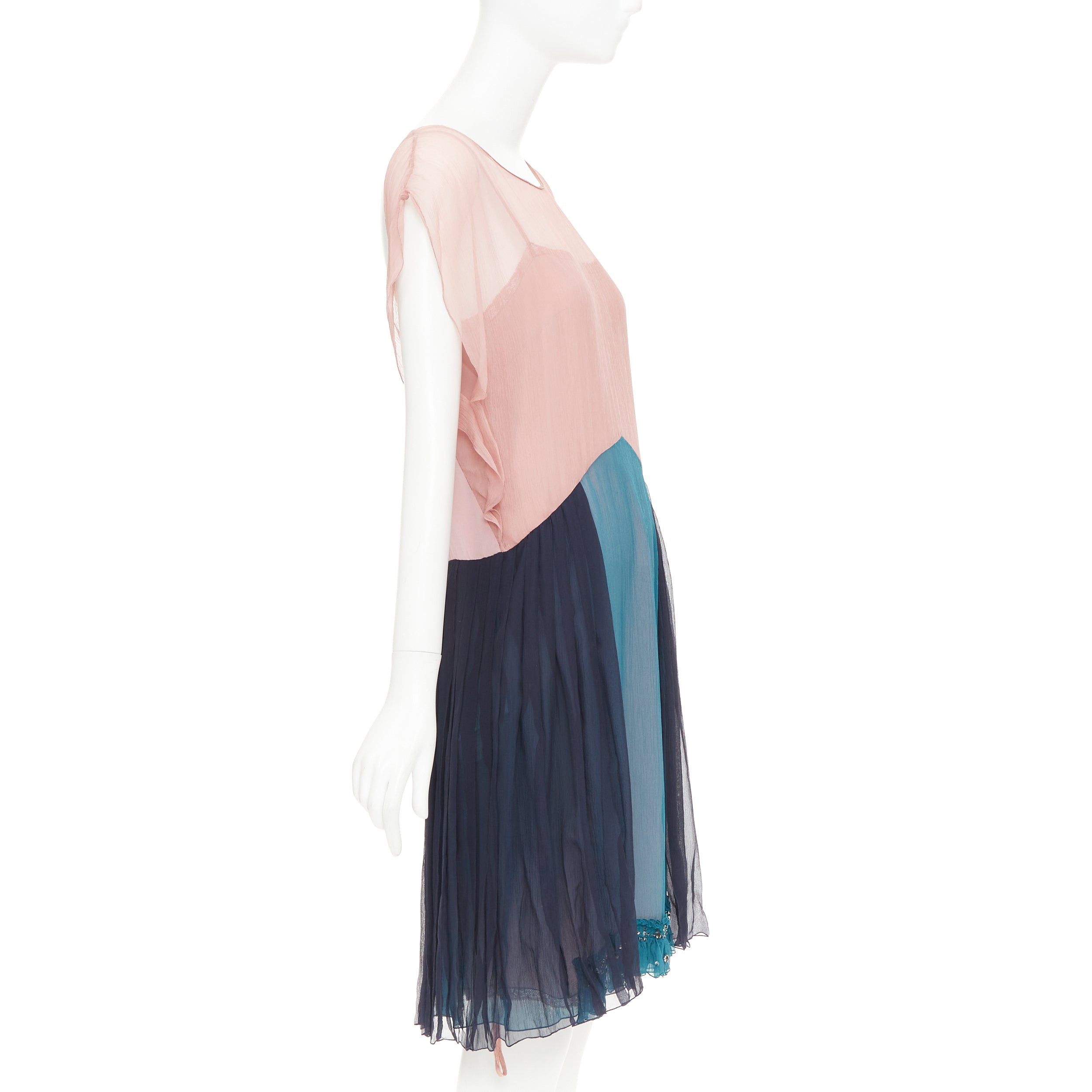 Prada PRADA 2015 silk chiffon paneled colorblocked embellished hem cocktail dress IT40 S Size S / US 4 / IT 40 - 4 Thumbnail
