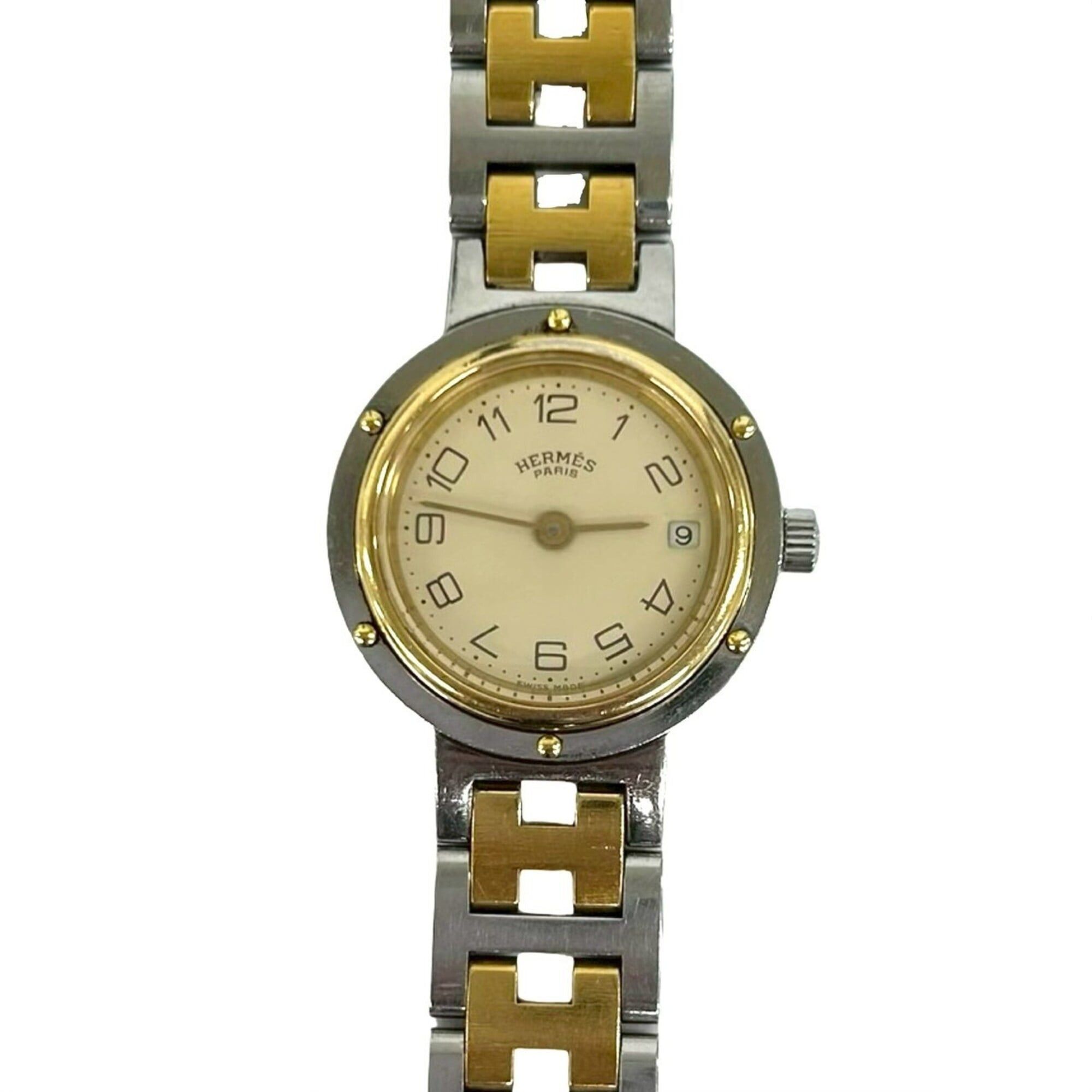 Hermes Clipper Stainless Steel Quartz Watch Wristwatch Silver Gold HERMES Vintage Clipper Stainless Steel GP Quartz Wristwatch  main image 2