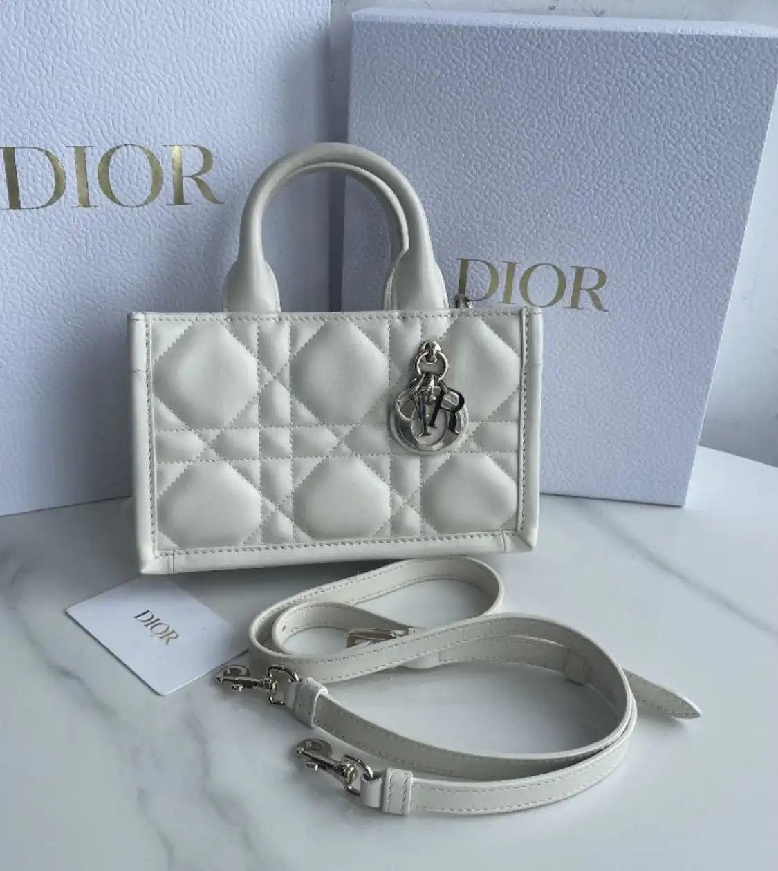 Dior DIOR Book Tote mini white cowhide leather rattan plaid quilted crossbody bag gol Size ONE SIZE - 9 Thumbnail