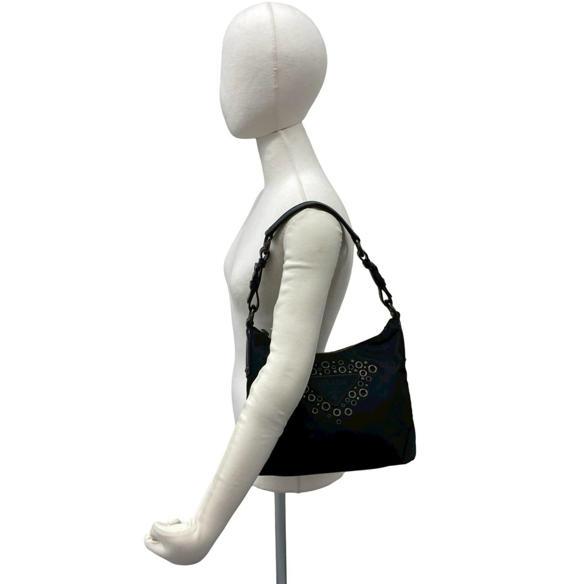 Prada PRADA Triangle Logo Perforated Stud Hardware Nylon Leather Genuine Semi Shoulder Bag Black 63472 Size ONE SIZE - 2 Thumbnail