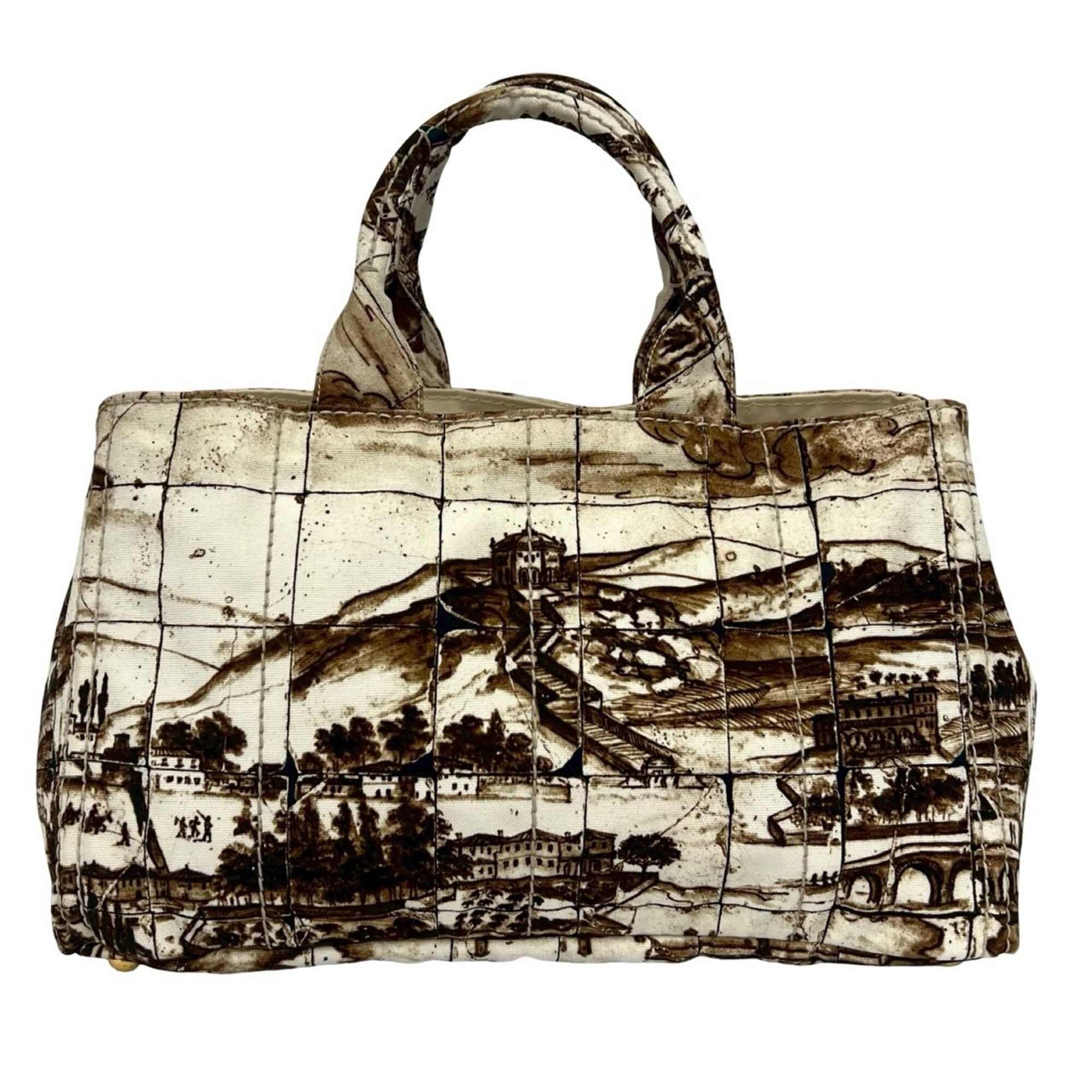 Prada PRADA Canapa Triangle Logo Hardware Printed Canvas Tote Bag Boston Brown Ivory 52405 Size ONE SIZE - 3 Thumbnail