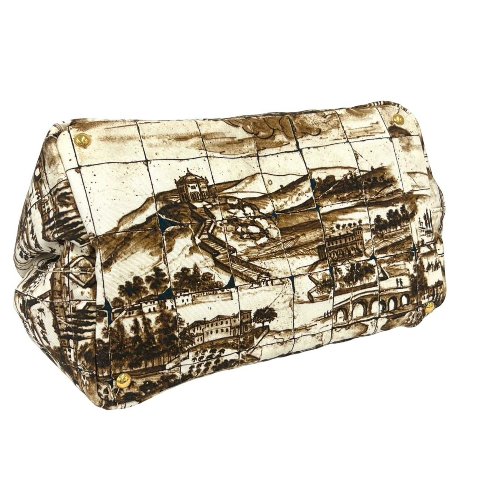 Prada PRADA Canapa Triangle Logo Hardware Printed Canvas Tote Bag Boston Brown Ivory 52405 Size ONE SIZE - 7 Thumbnail