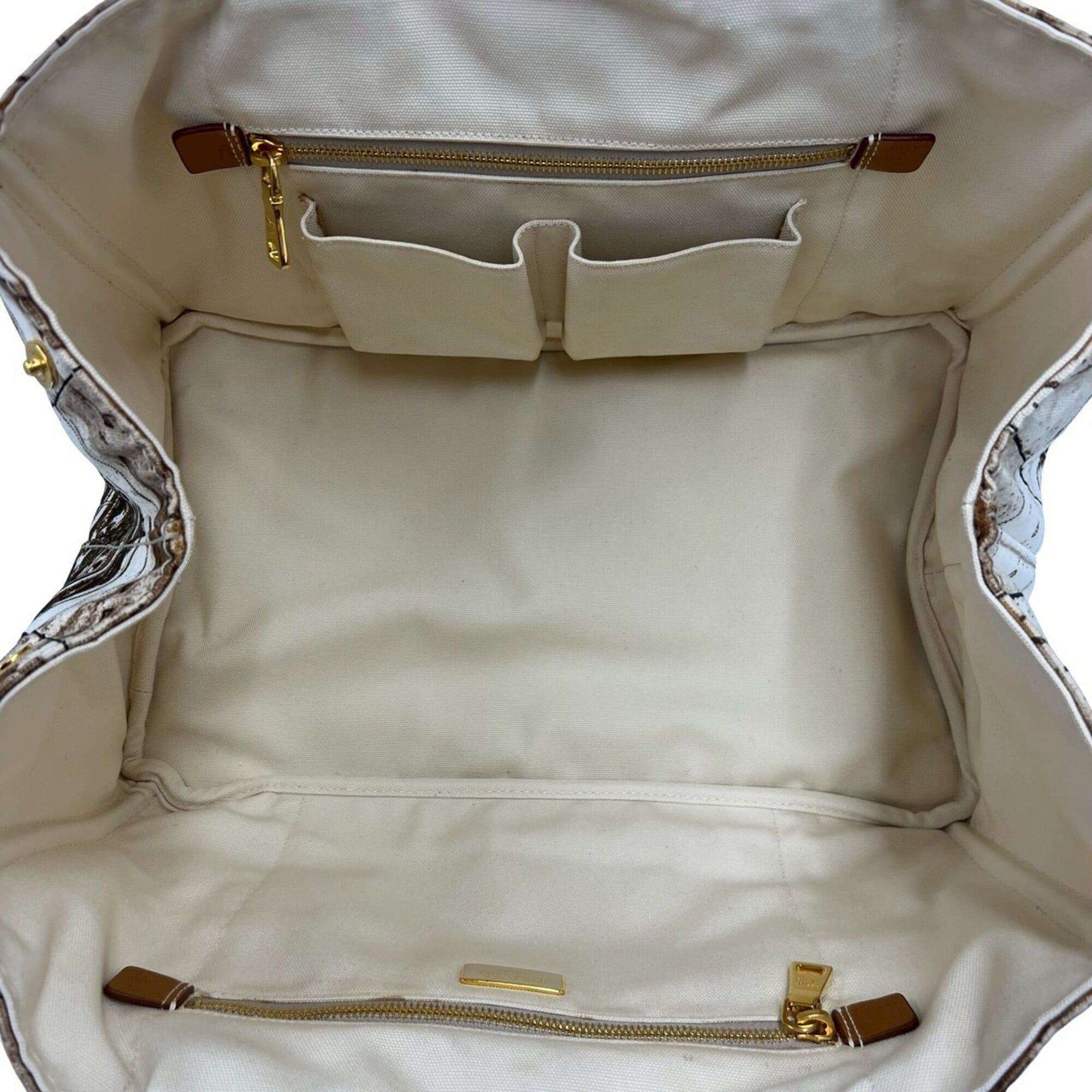 Prada PRADA Canapa Triangle Logo Hardware Printed Canvas Tote Bag Boston Brown Ivory 52405 Size ONE SIZE - 9 Thumbnail