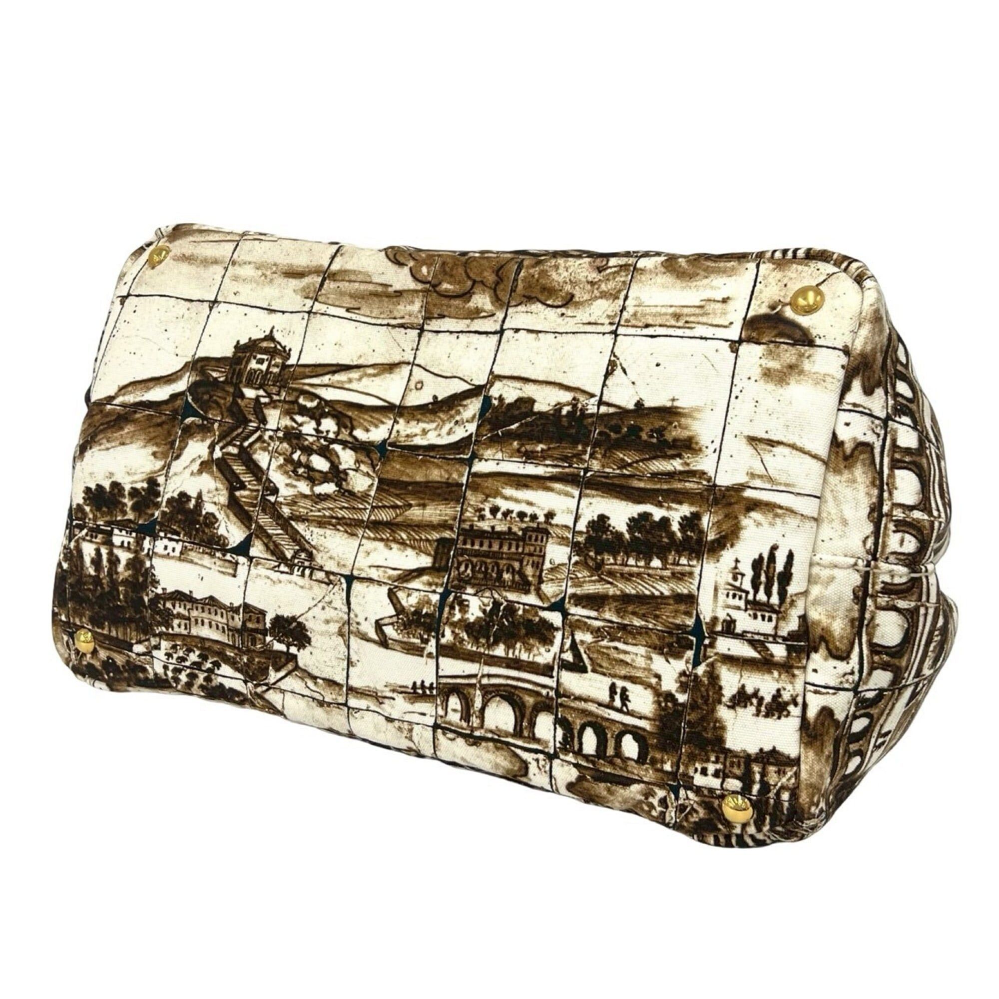 Prada PRADA Canapa Triangle Logo Hardware Printed Canvas Tote Bag Boston Brown Ivory 52405 Size ONE SIZE - 8 Thumbnail