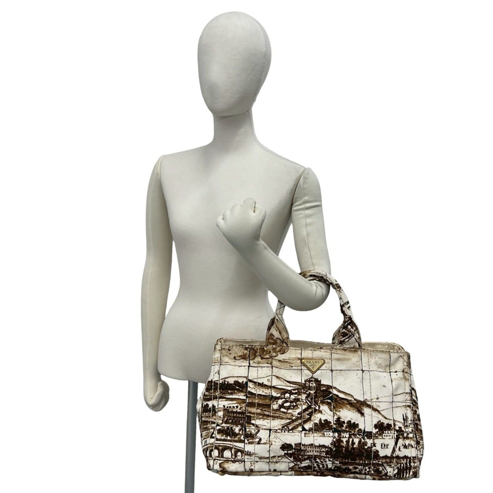 Prada PRADA Canapa Triangle Logo Hardware Printed Canvas Tote Bag Boston Brown Ivory 52405 Size ONE SIZE - 2 Thumbnail