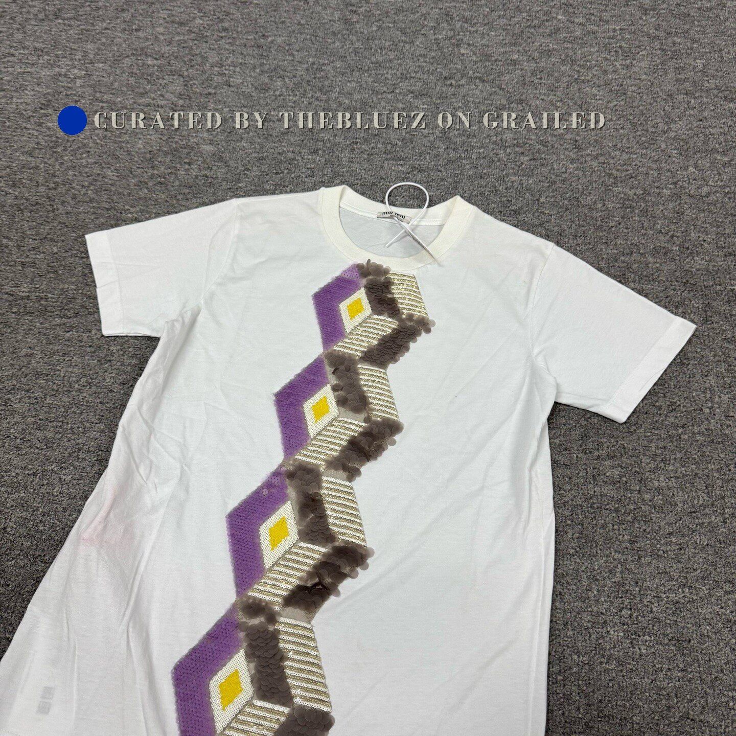 Miu Miu White Side Purple Diamond Print T-shirt