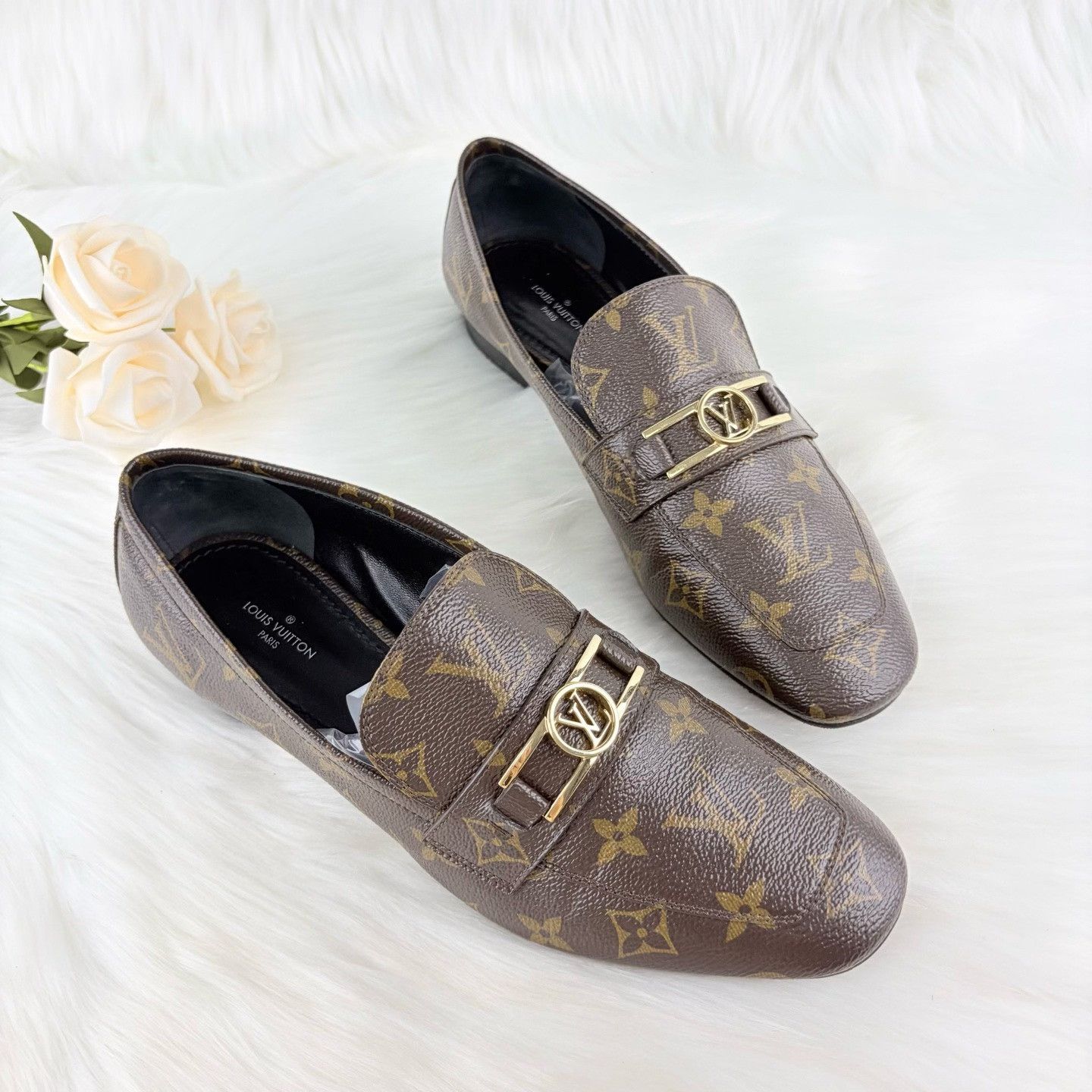 LV Brown Monogram Gold Buckle Loafers