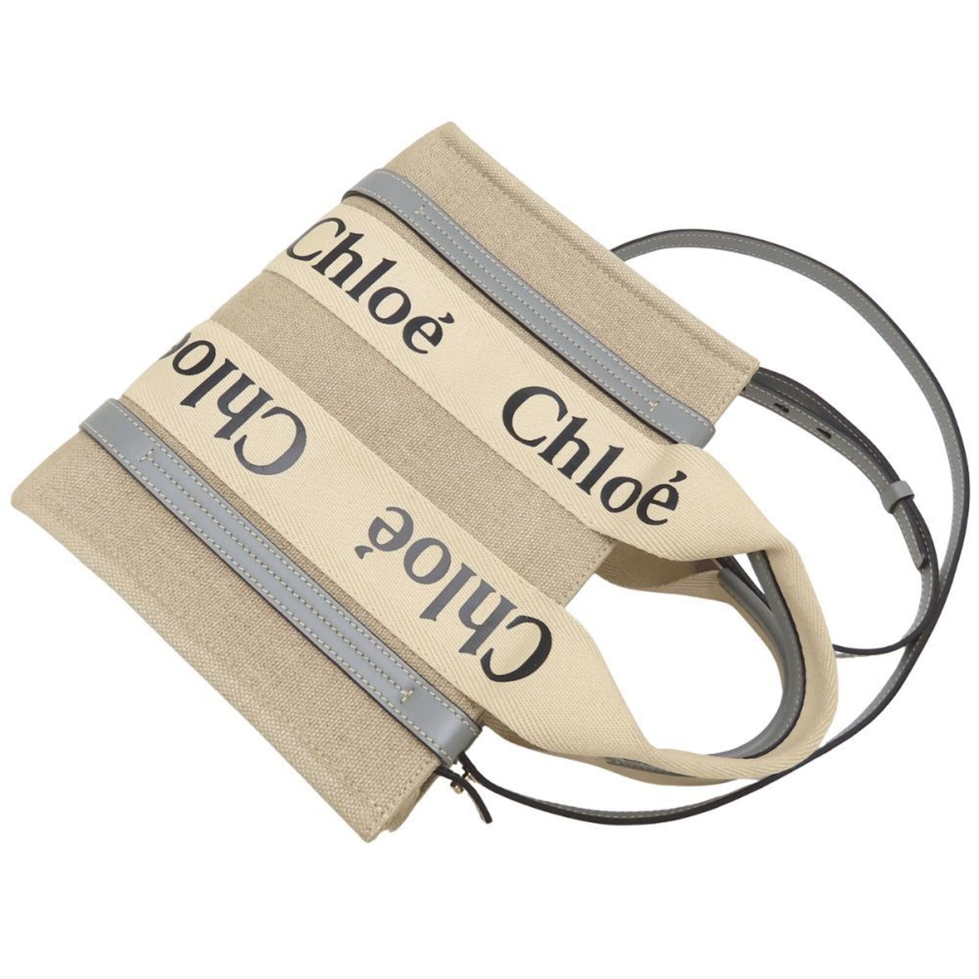 Chloe Chloé Chloe Woody Small Tote CHC22AS397126 Handbag Linen x Calfskin Beige Divine Grey Women's 353332 Size ONE SIZE - 5 Thumbnail