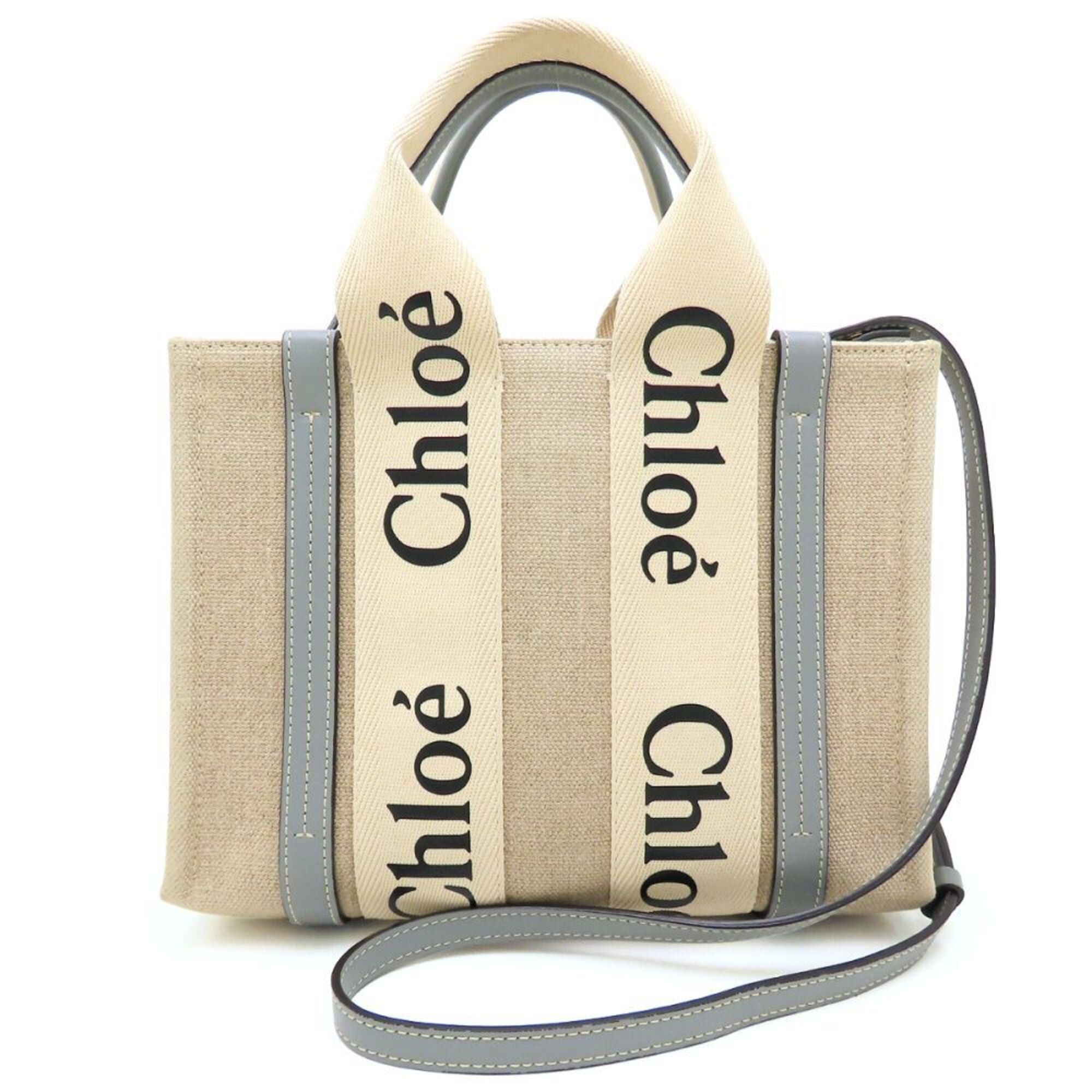 Chloe Chloé Chloe Woody Small Tote CHC22AS397126 Handbag Linen x Calfskin Beige Divine Grey Women's 353332 Size ONE SIZE - 2 Thumbnail