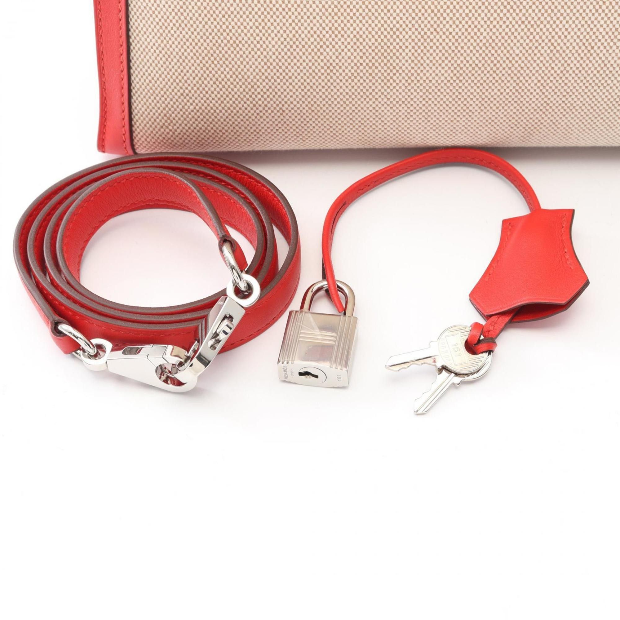 Hermes Hermes Hermès Kelly 28 handbag, canvas and leather, Swift toile ash, women's, beige red Size ONE SIZE - 6 Thumbnail