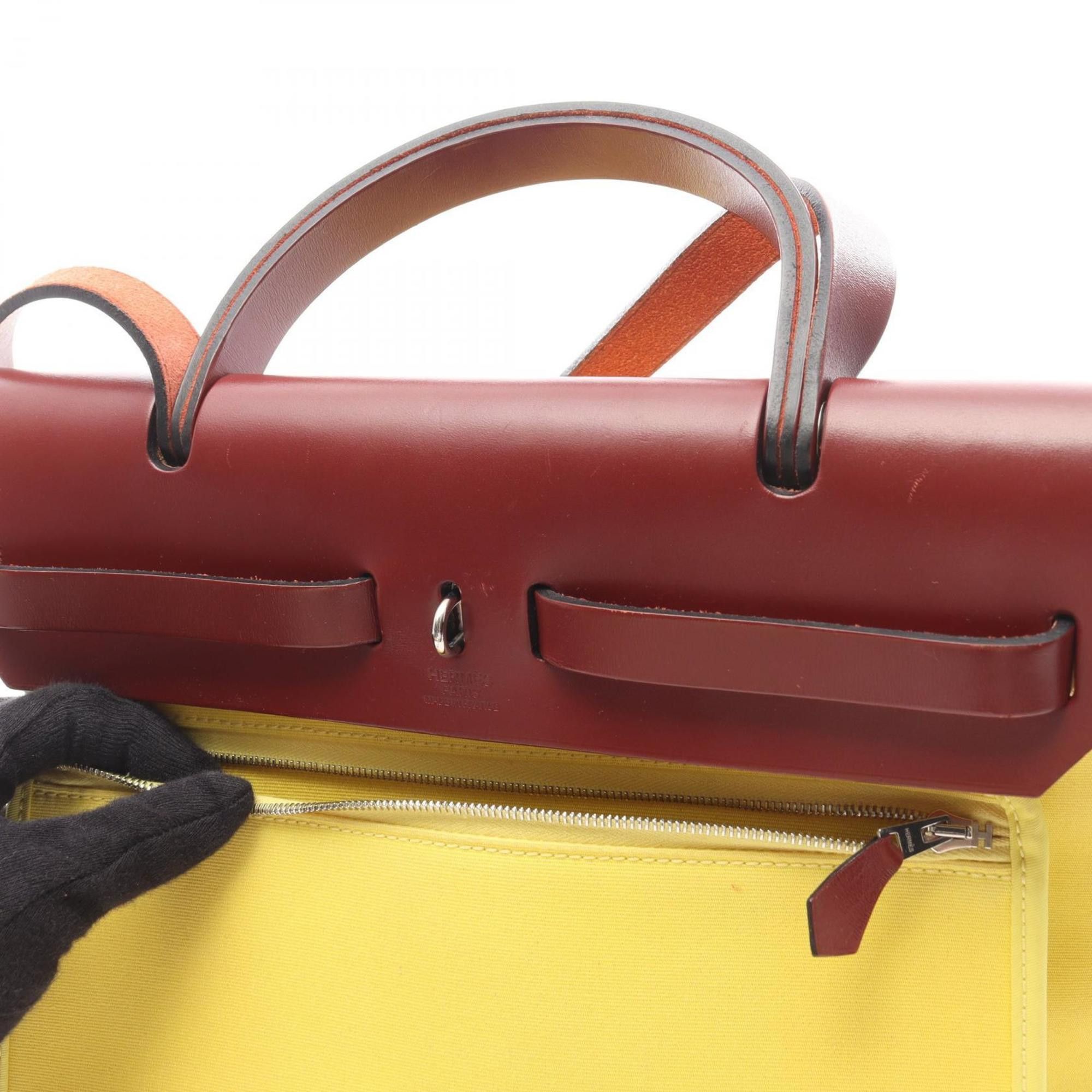 Hermes Hermes Herbag Zip PM Handbag, Canvas Leather Toile Officier Vache Hunter, Women's, Yellow/Burgundy Size ONE SIZE - 9 Thumbnail