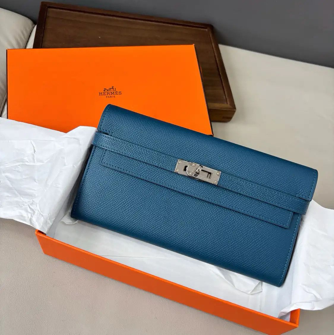 Hermes Hermes Kelly dark blue Epsom cowhide leather wallet silver hardware A Sellier Size ONE SIZE - 2 Thumbnail