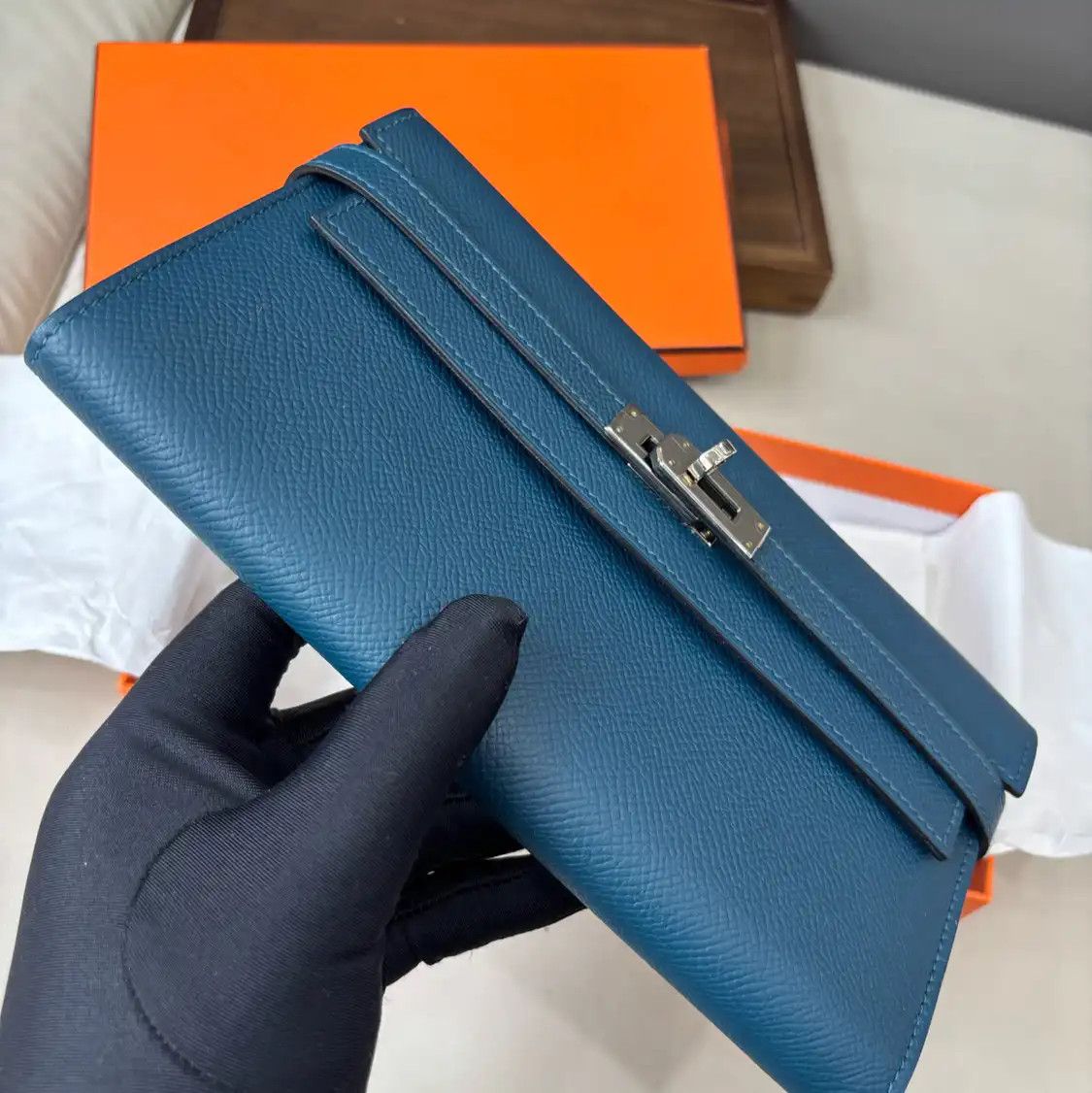 Hermes Hermes Kelly dark blue Epsom cowhide leather wallet silver hardware A Sellier Size ONE SIZE - 4 Thumbnail