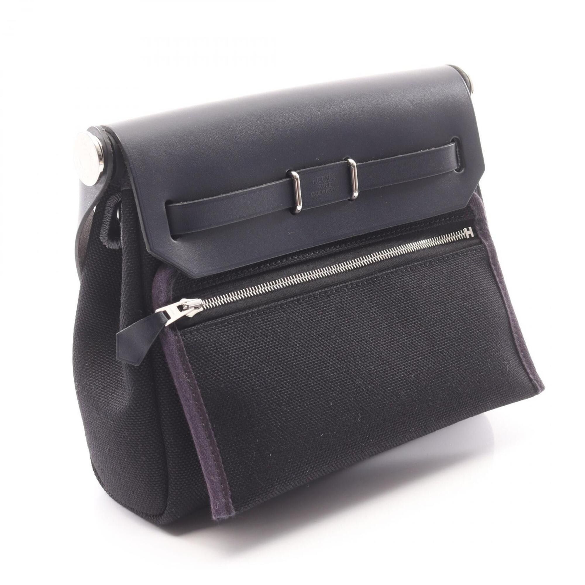 Hermes Hermes Herbag Zip Mini Shoulder Bag Handbag Canvas Leather Toile Military Vache Hunter Women's Black/Navy Size ONE SIZE - 2 Thumbnail