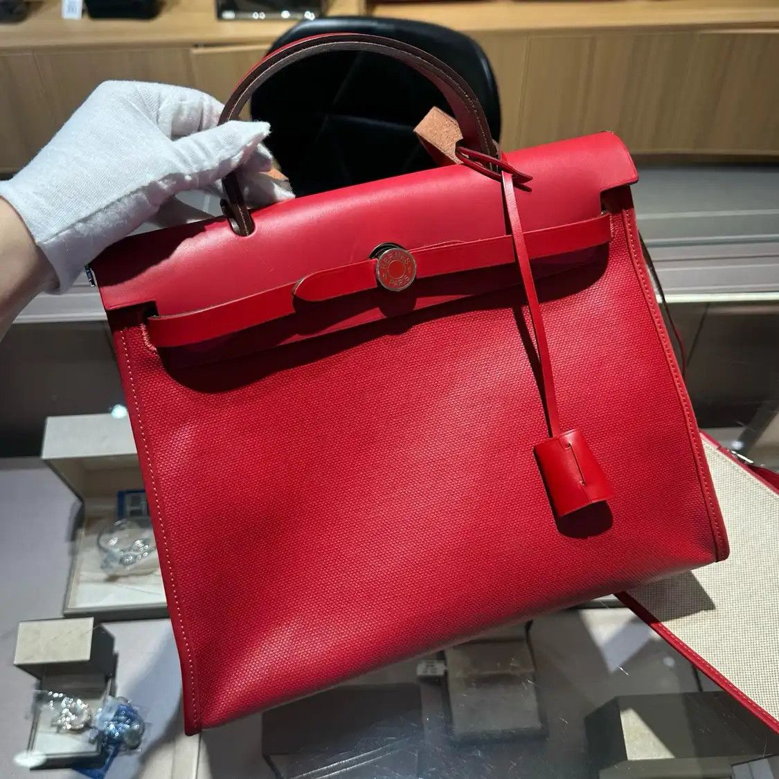 Hermes Hermes Herbag 31 Rouge Chili coated canvas handbag silver hardware D Size ONE SIZE - 3 Thumbnail