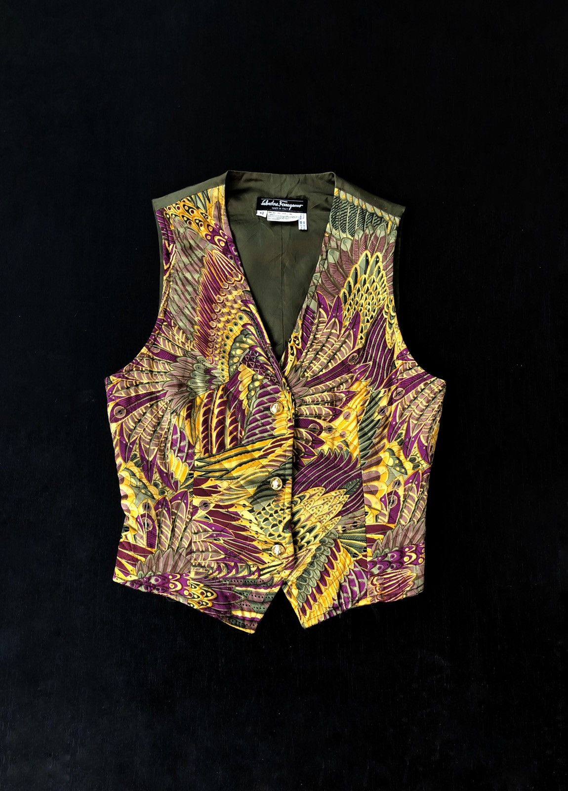 Salvatore Ferragamo RARE! Silk Waistcoat Gilet Vest Feather Print Gold Button Size US S / EU 44-46 / 1 - 1 Thumbnail