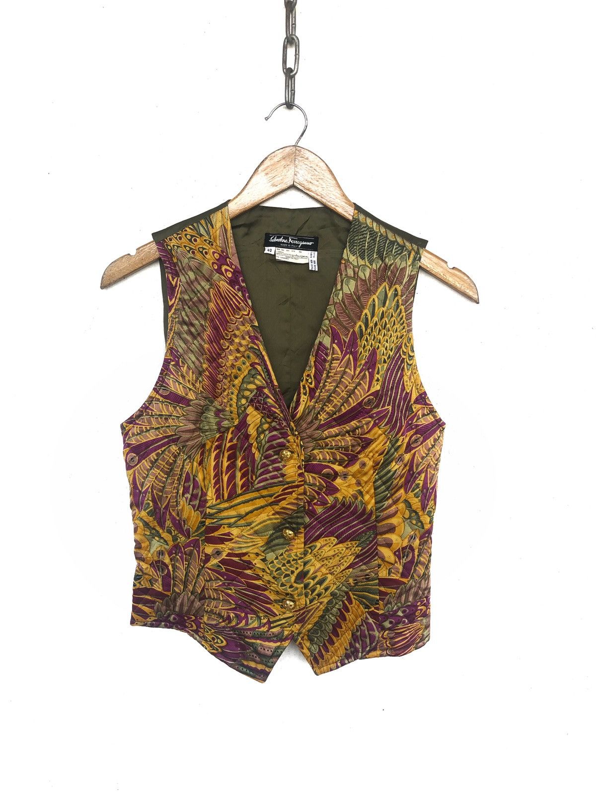 Salvatore Ferragamo RARE! Silk Waistcoat Gilet Vest Feather Print Gold Button Size US S / EU 44-46 / 1 - 2 Thumbnail