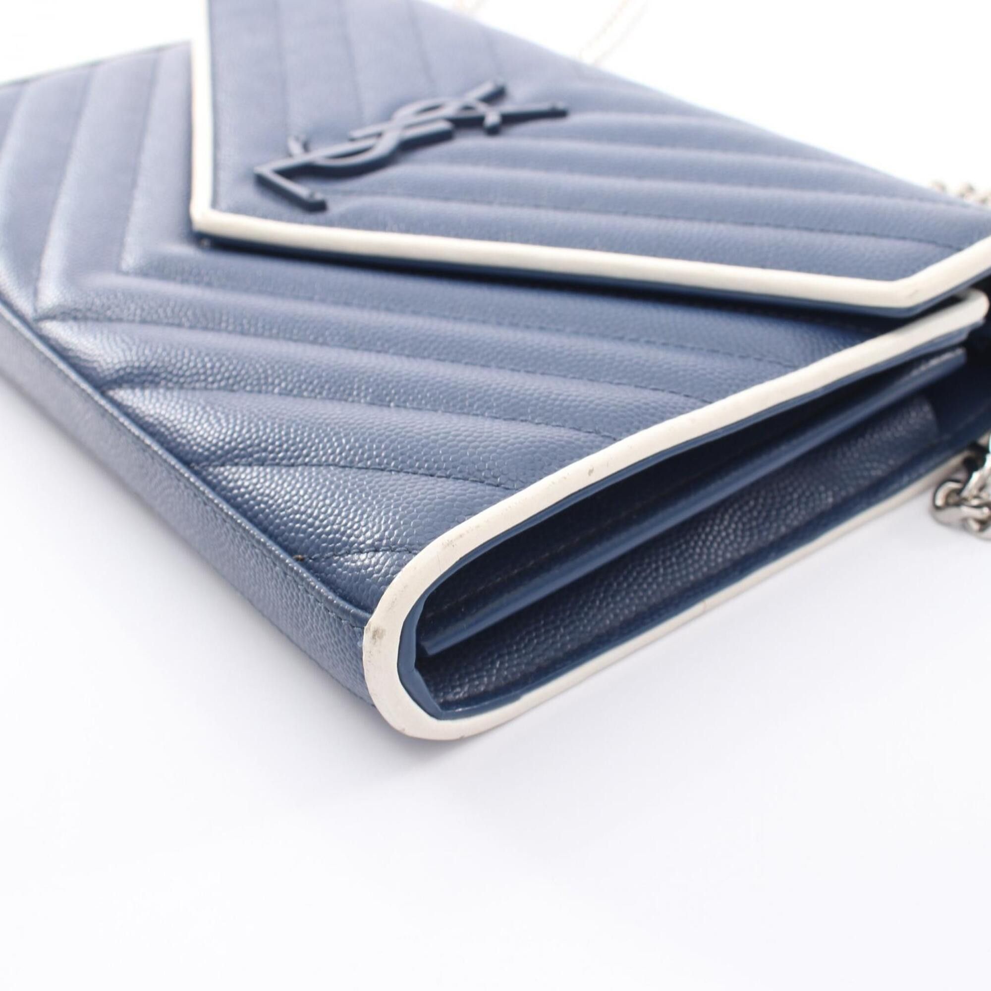 Yves Saint Laurent Yves Saint Laurent Saint Laurent Paris Cassandra Classic Shoulder Bag/Handbag, Leather, Women's, Navy/White, 377828 Size ONE SIZE - 5 Thumbnail