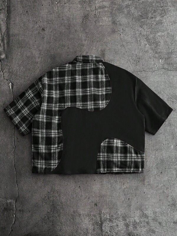 Japanese Brand Black and White Checkered Patchwork Shirt with Curved Design Size US M / EU 48-50 / 2 - 2 Thumbnail
