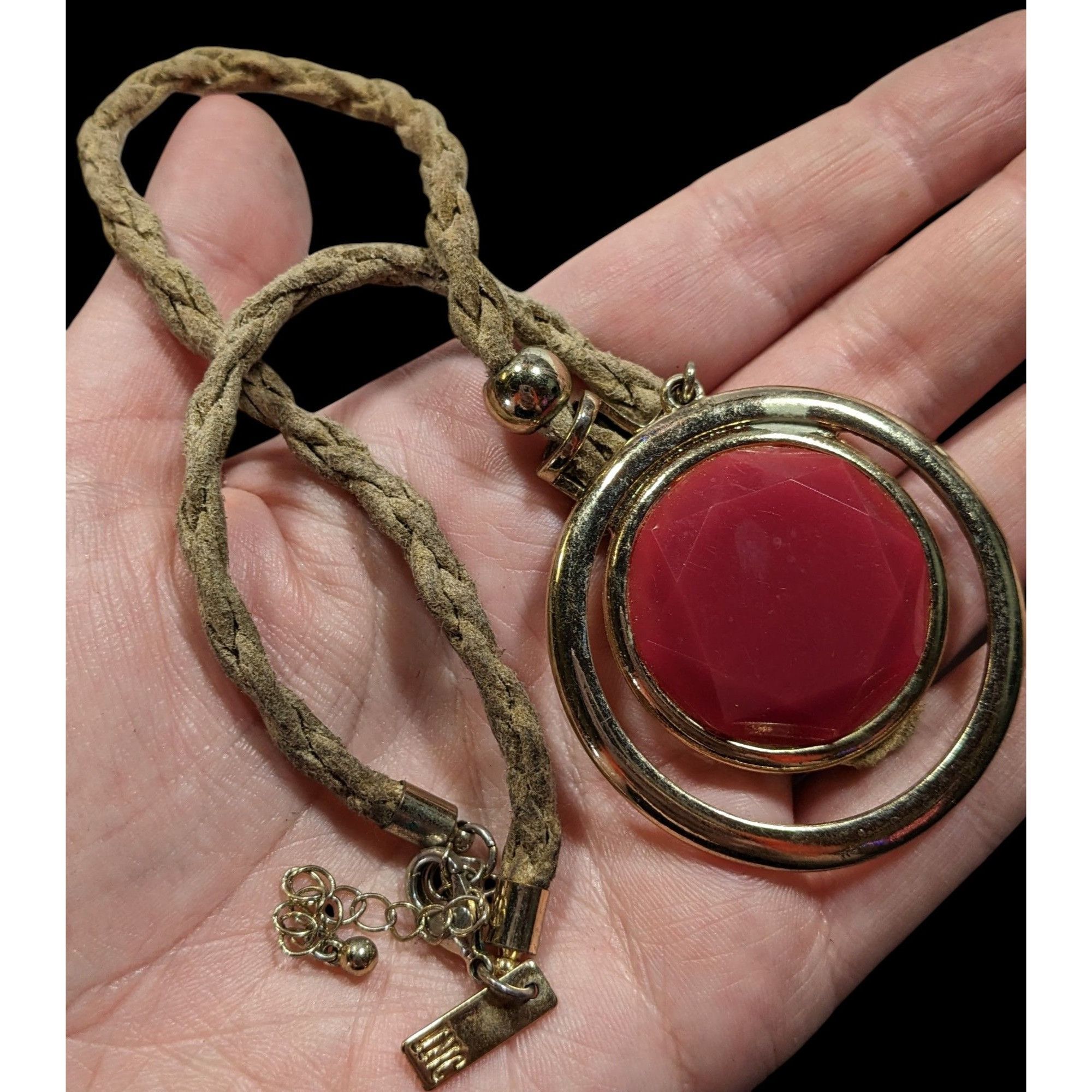 Other INC Red Gemmed Medallion Necklace On Tan Suede Braided Cord Size ONE SIZE - 3 Thumbnail