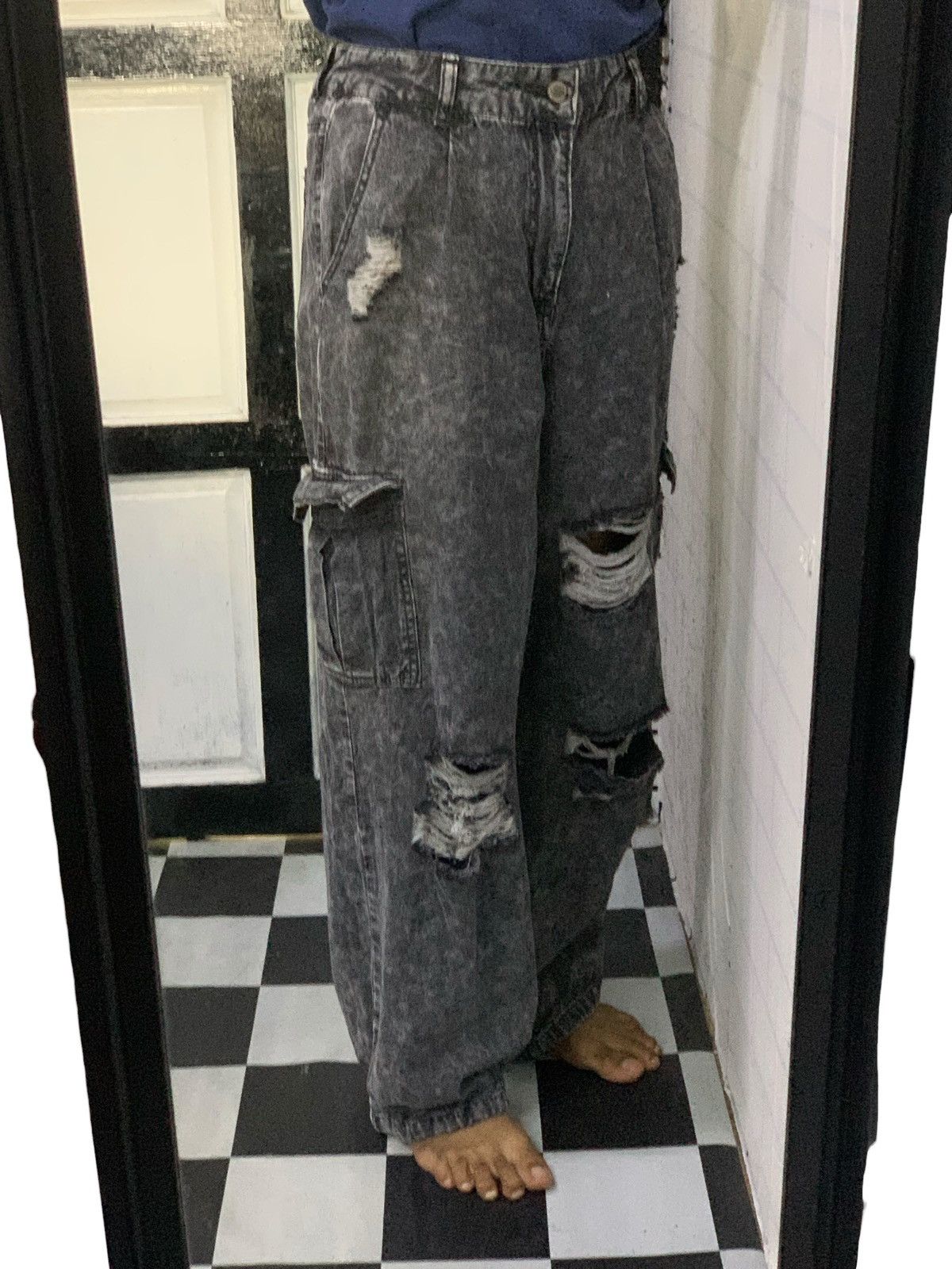 JNCO Works Cargo Baggy Distressed Denim Pants (AD8) Size US 29 - 2 Thumbnail