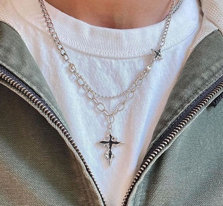 Jewelry Grunge Crystal Cross Pendant Necklace in Silver, Men's