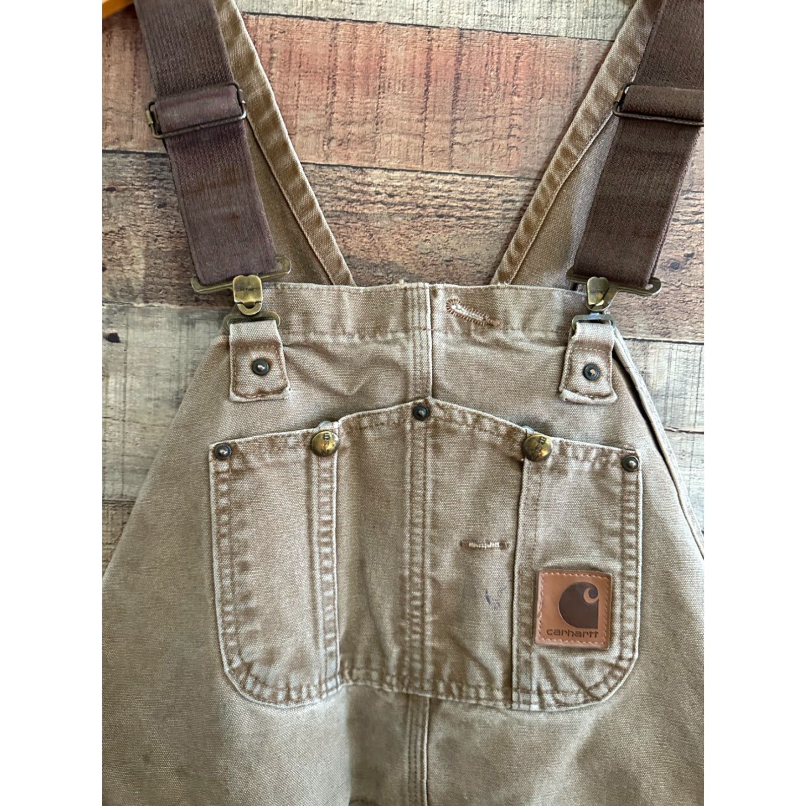 Carhartt VINTAGE Carhartt R01 BRN Men's 44x30 Khaki Duck Carpenter Bib Overalls Distressed Lot 2 pairs Size US 44 / EU 60 - 4 Thumbnail