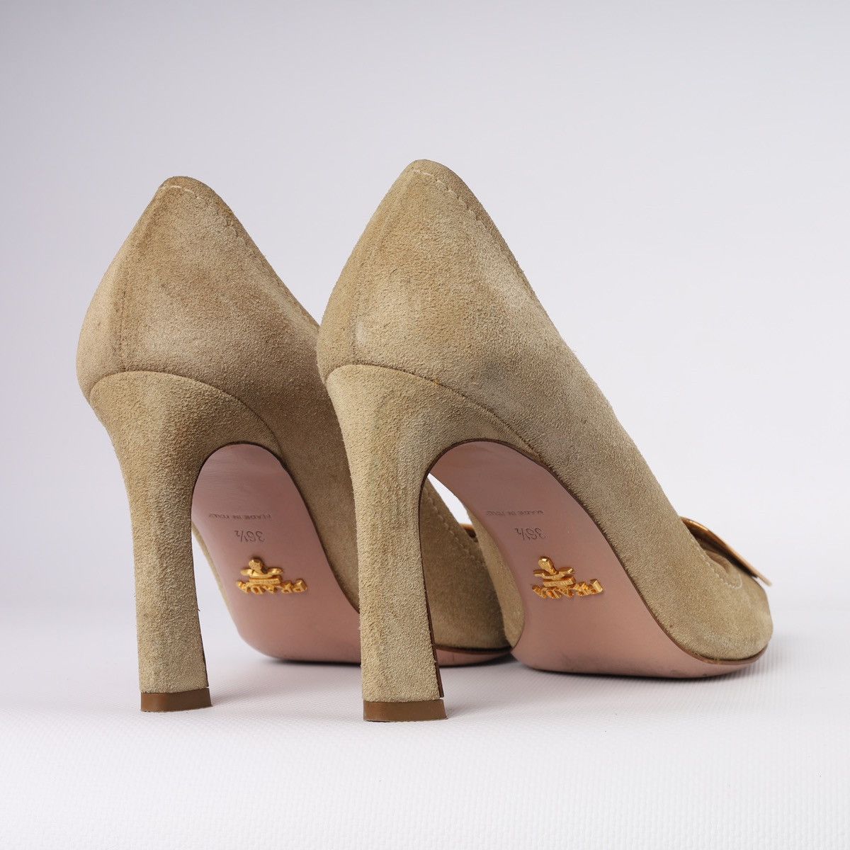 Prada Prada Beige Suede Peep-toe Pumps gold-tone Buckle Block Heel Size US 6.5 / IT 36.5 - 10 Thumbnail
