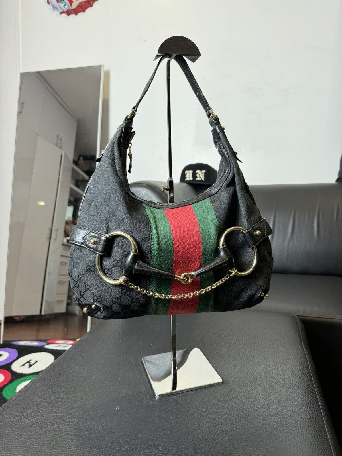 Gucci Gucci Black GG Canvas and Leather Horsebit Web Hobo Size ONE SIZE - 1 Thumbnail