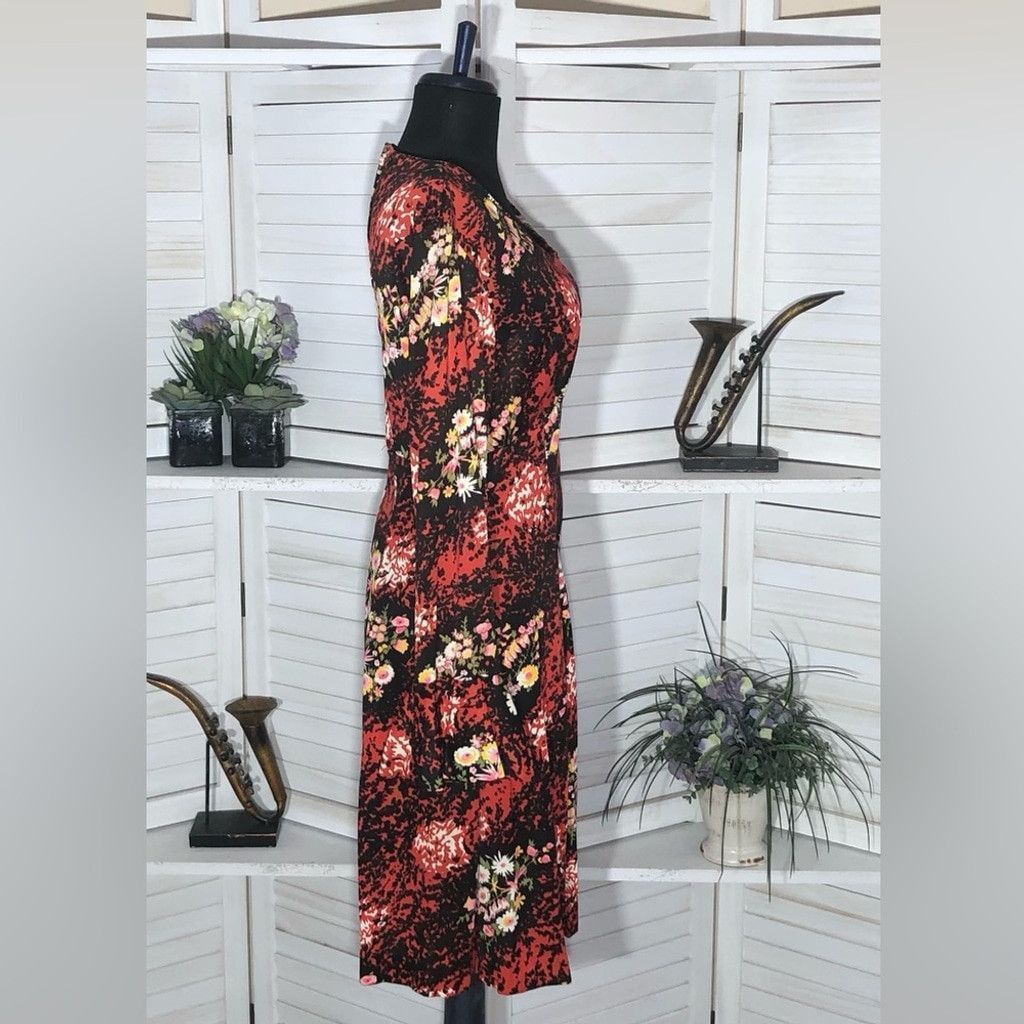 Vintage 70s boho mod floral red black midi dress trumpet sleeves L Size M / US 6-8 / IT 42-44 - 3 Thumbnail