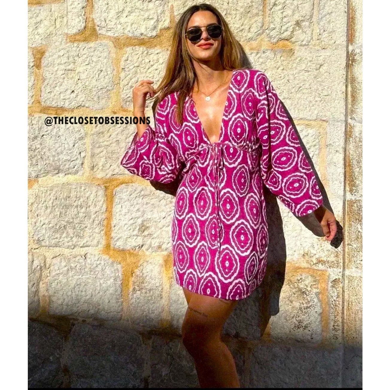 Zara ZARA Fuchsia Printed V Neck Mini Dress NWT Size S / US 4 / IT 40 - 13 Thumbnail