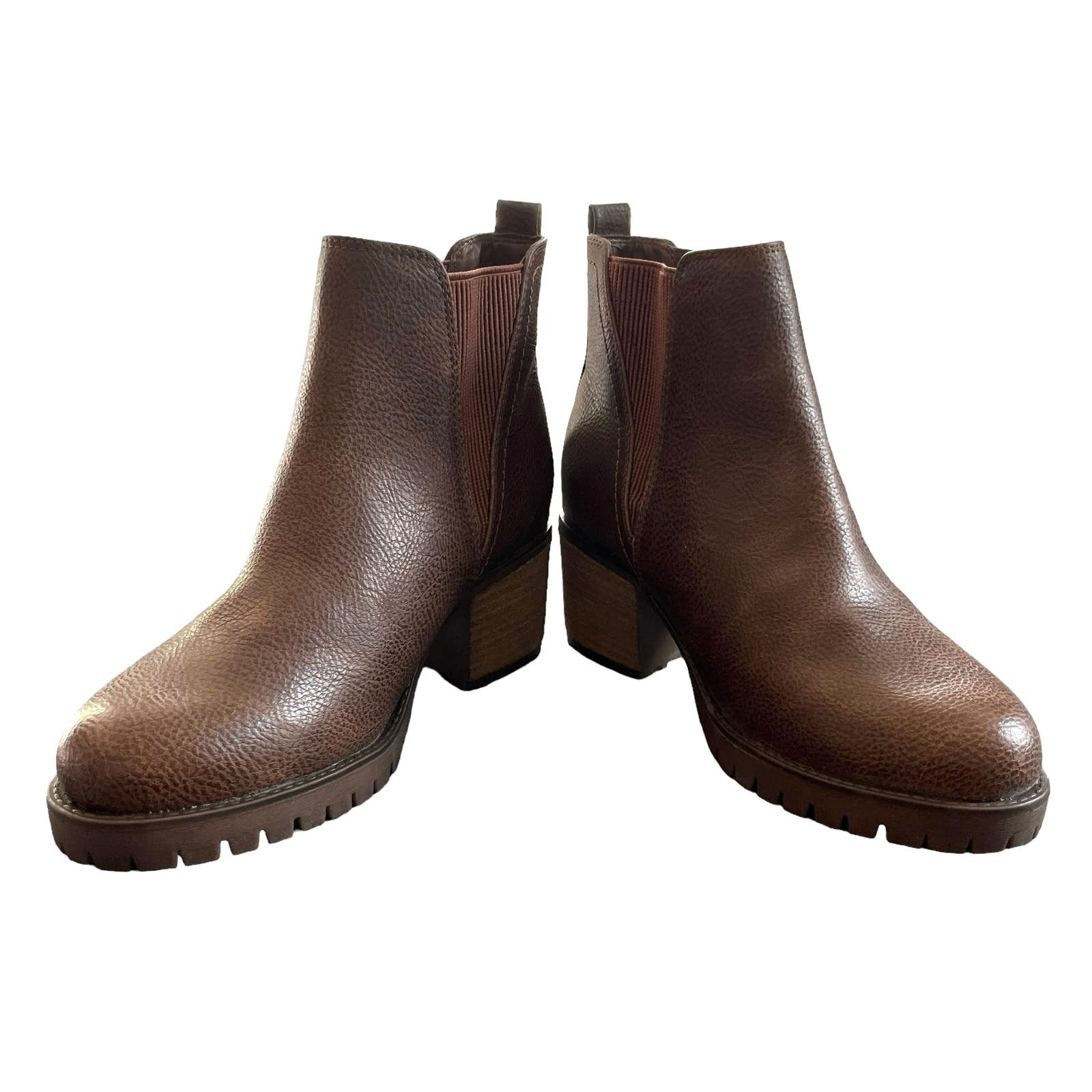 Mia Jody Boots 7.5 Brown Vegan Leather 2.5" Chunky Heel Shoes New, Women's