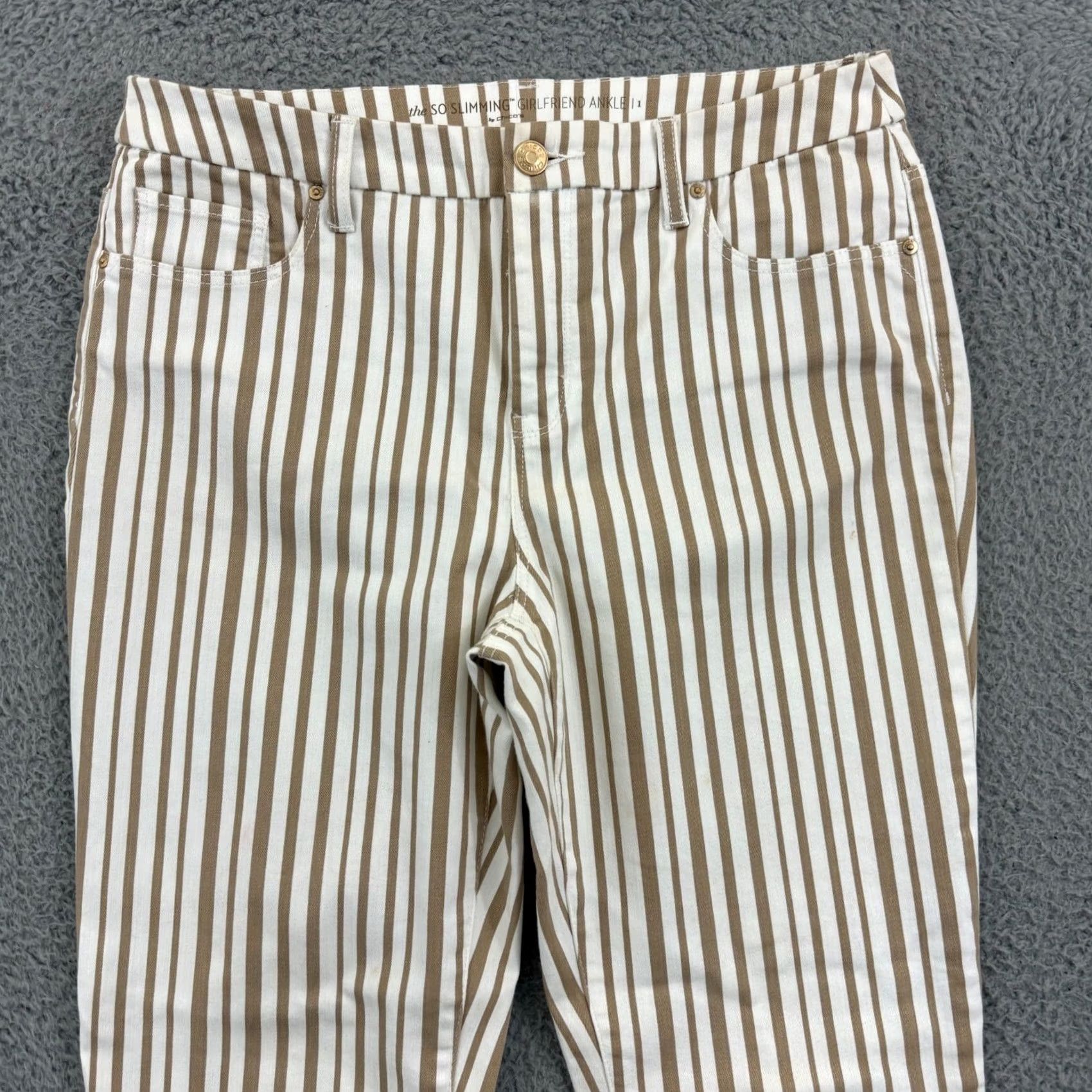 Vintage Chico's Pants Womens 1 So Slimming Girlfriend Ankle 32x30 Tan Striped Stretch Zip Size 25" / US 0 / IT 36 - 3 Thumbnail