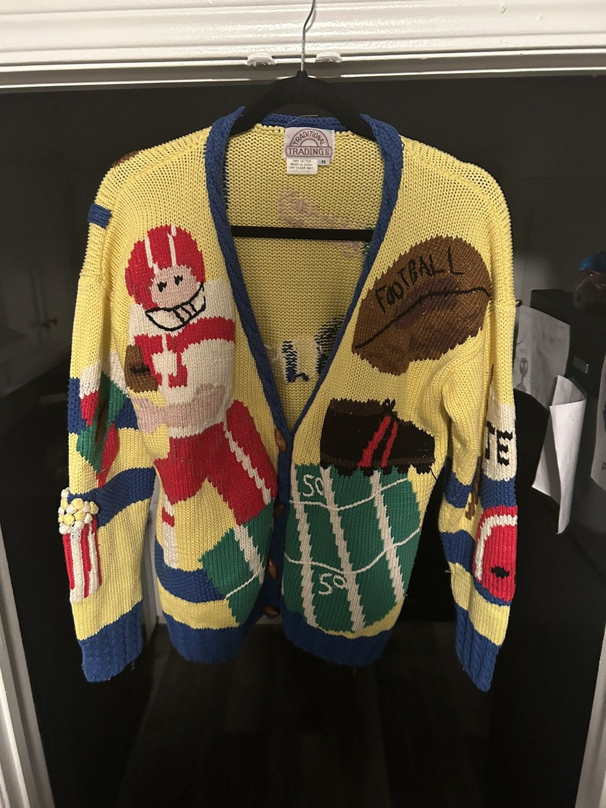 image of Vintage, Hand Sewn Football Cardigan in Yellow, Men's (Size Small)