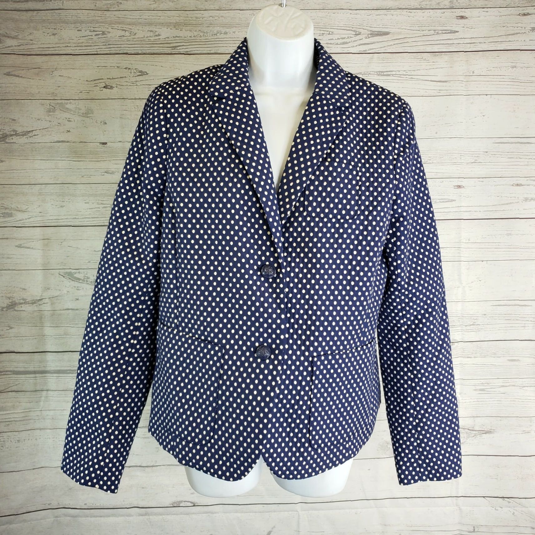 Gap GAP Womens Blazer Sz 10 Polka Dot 2 Button Cotton Blend Navy Blue White Jacket Suit Ladies Size L / US 10 / IT 46 - 2 Thumbnail