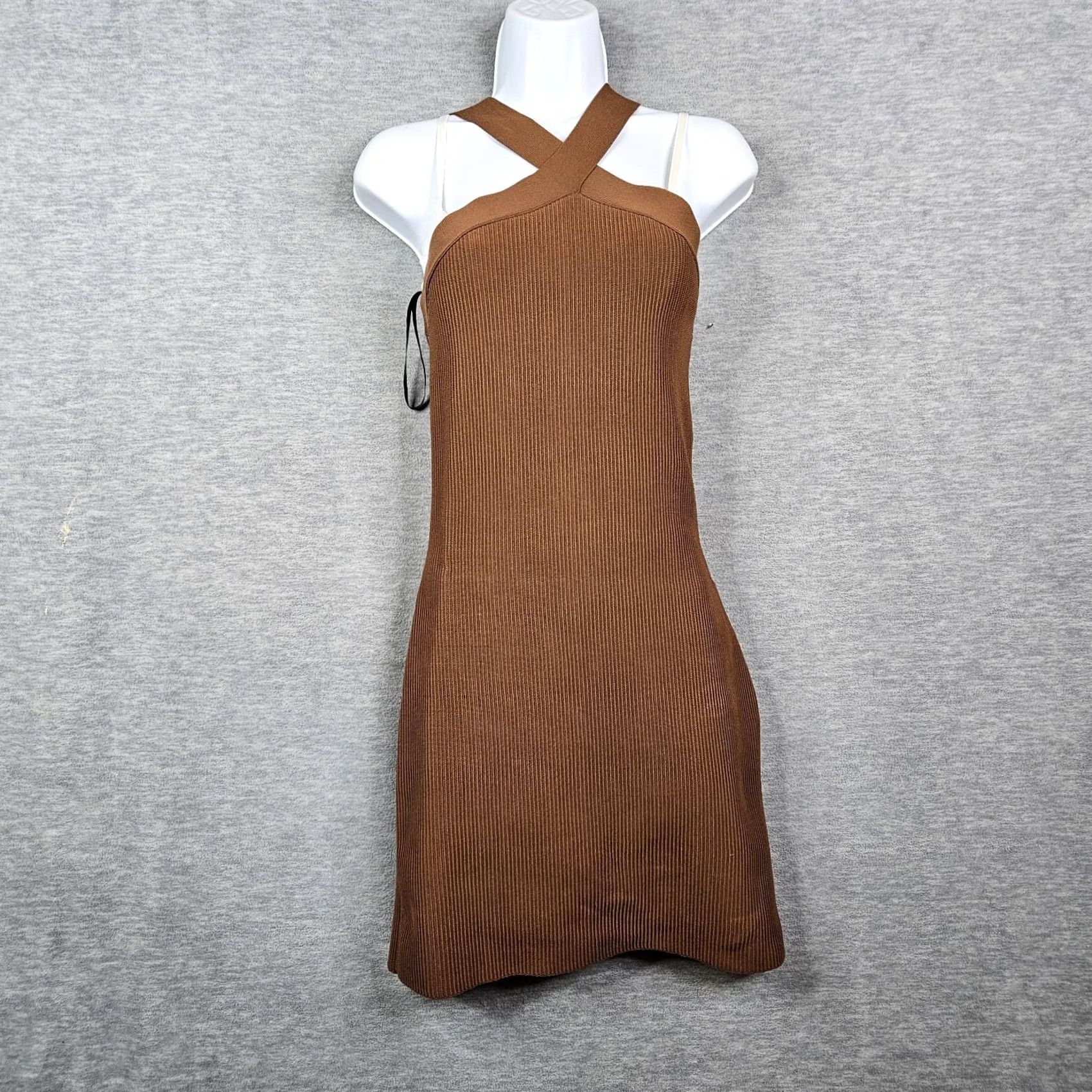 Aritzia Aritzia Babaton Brown Sculpt Ribbed Knit Cross Halter Mini Dress M Body Women Short Sleeve Seasonal All Size M / US 6-8 / IT 42-44 - 2 Thumbnail
