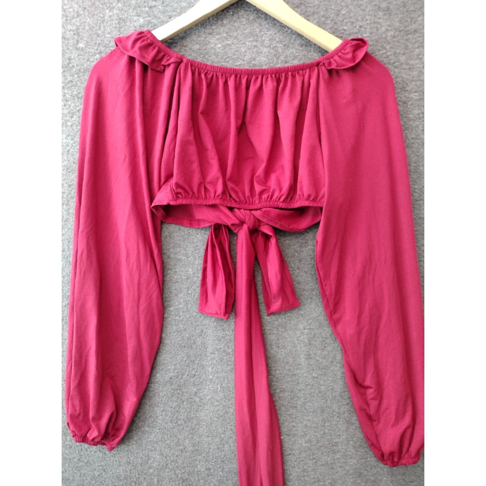 Pinko Unbranded Off The Shoulder Cropped Blouse 2XL Red Bohemian Long Sleeve Tie Back Casual Women Blouse 2XL Red Bohemian Off The Shoulder Cropped Blouse Size XXL / US 16-18 / IT 52-54 - 2 Thumbnail