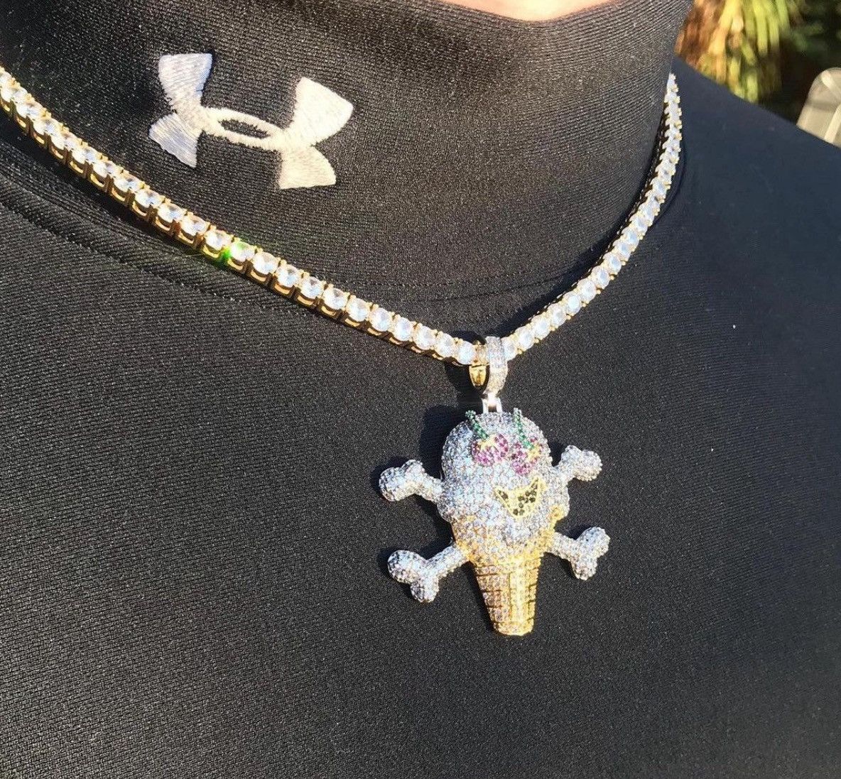 Iced Out Gold Skull Icecream Pendant With Tennis Chain