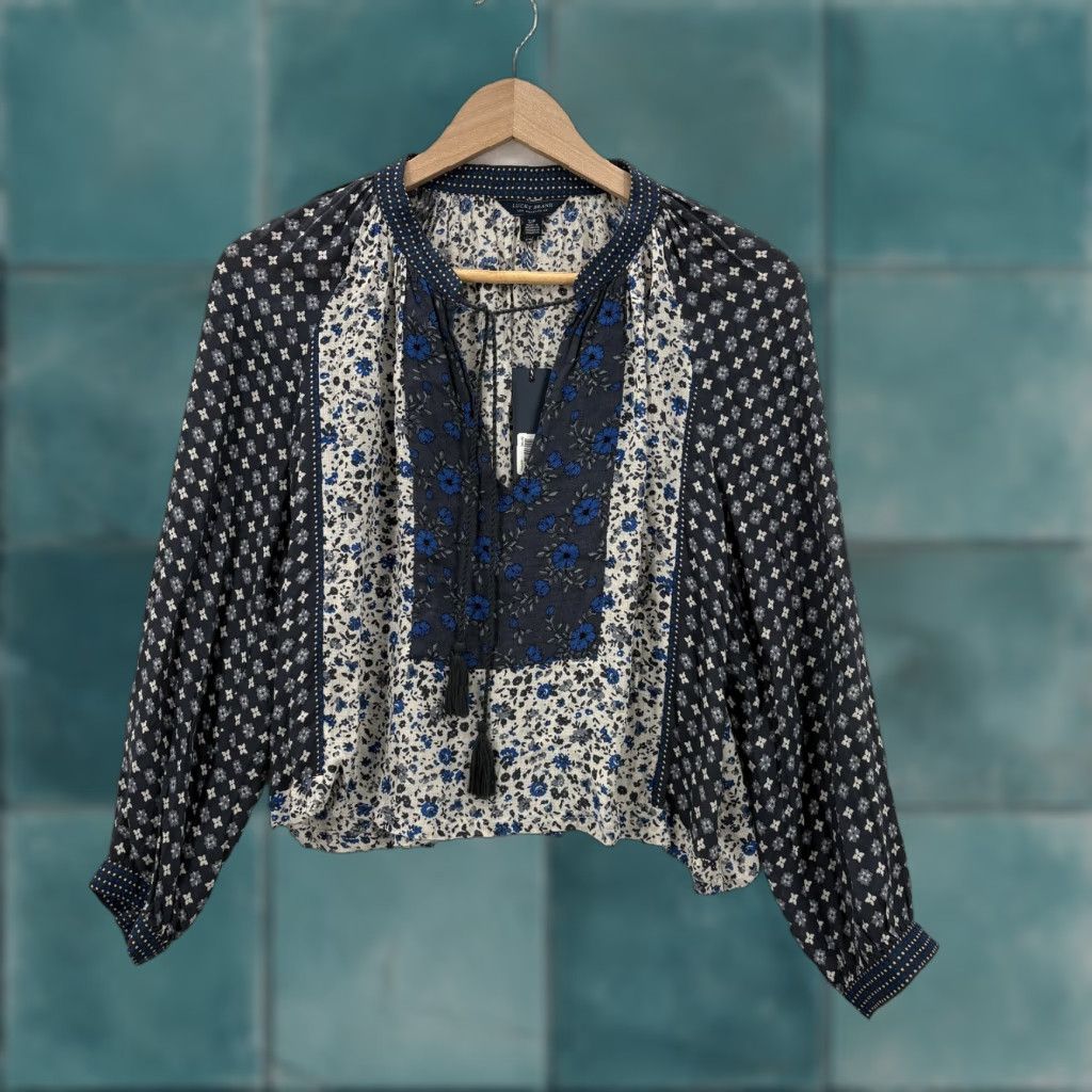 Lucky Brand Lucky Brand Blouse Womens Petite Small Blue Floral Boho Tassel Peasant Top NWT Size S / US 4 / IT 40 - 1 Thumbnail