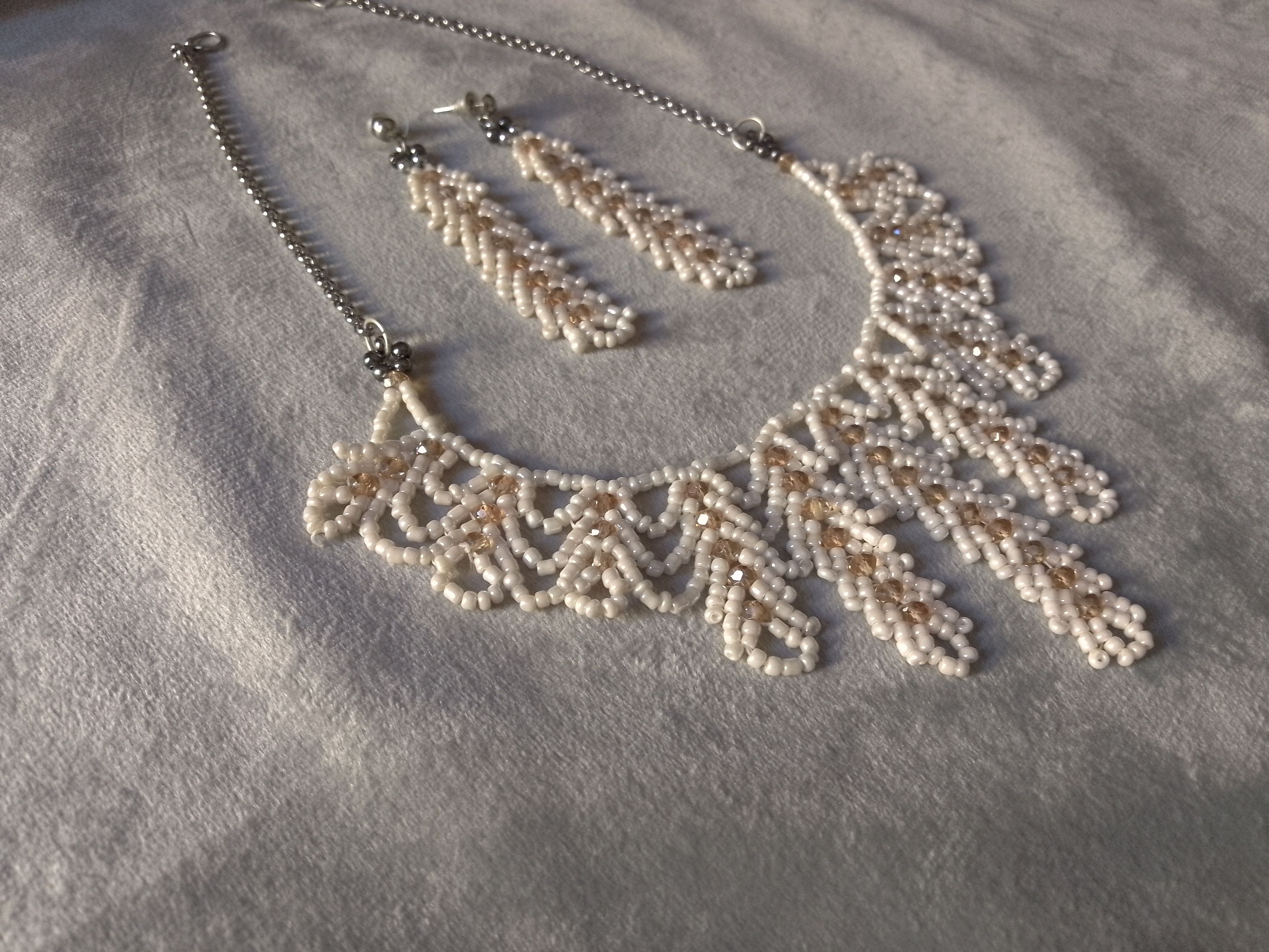Handmade Necklace Ivory Elegant Wedding Embroidered Crystals Earrings Size ONE SIZE - 2 Thumbnail