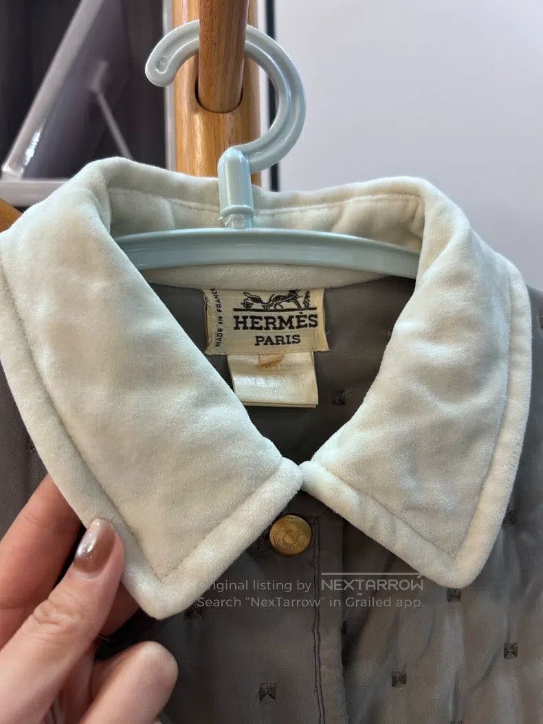 Hermes Quilted Jacket, Elephant Gray, White Velvet Collar