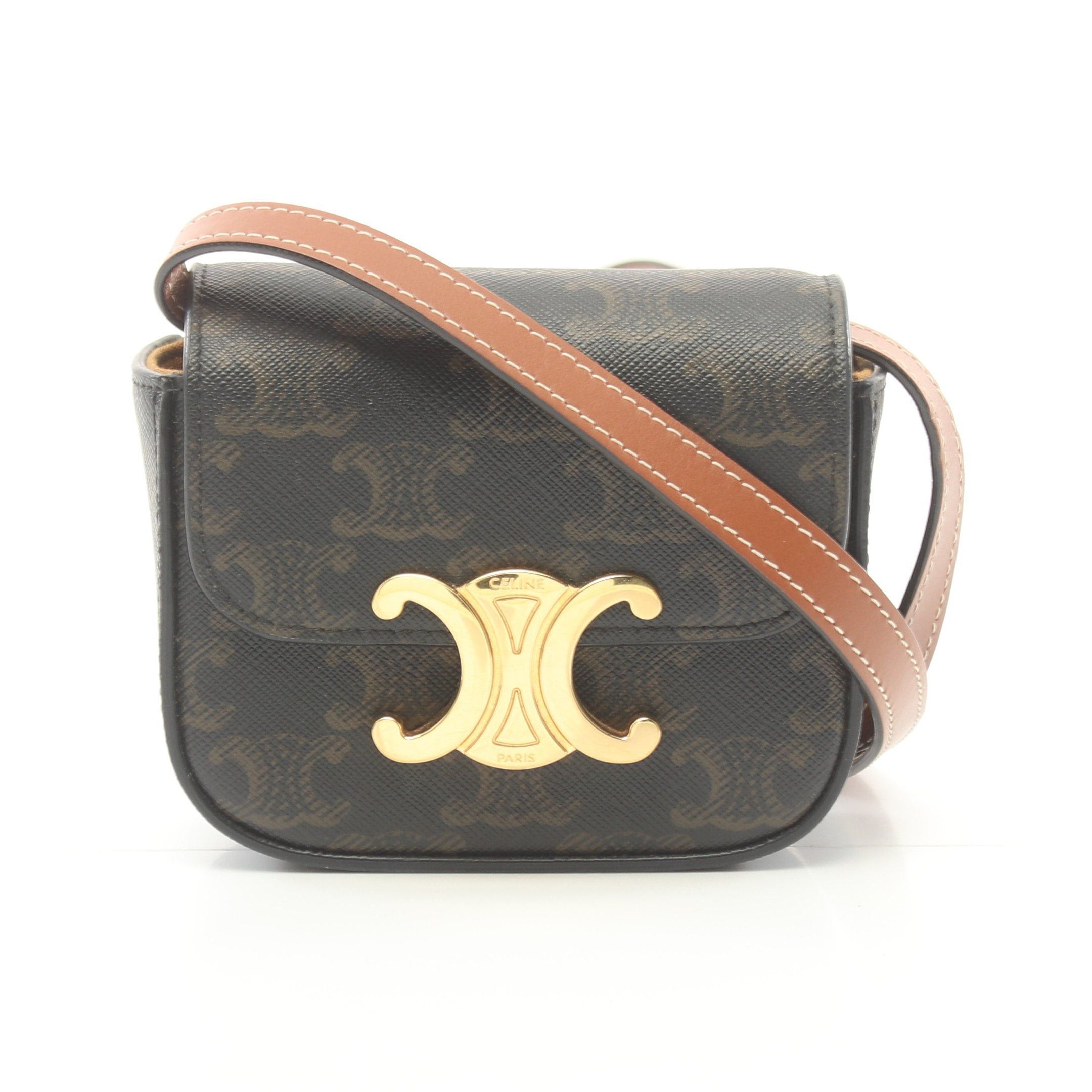 image of Celine Mini Claude Triomphe Shoulder Bag Pvc Leather Black Brown, Women's