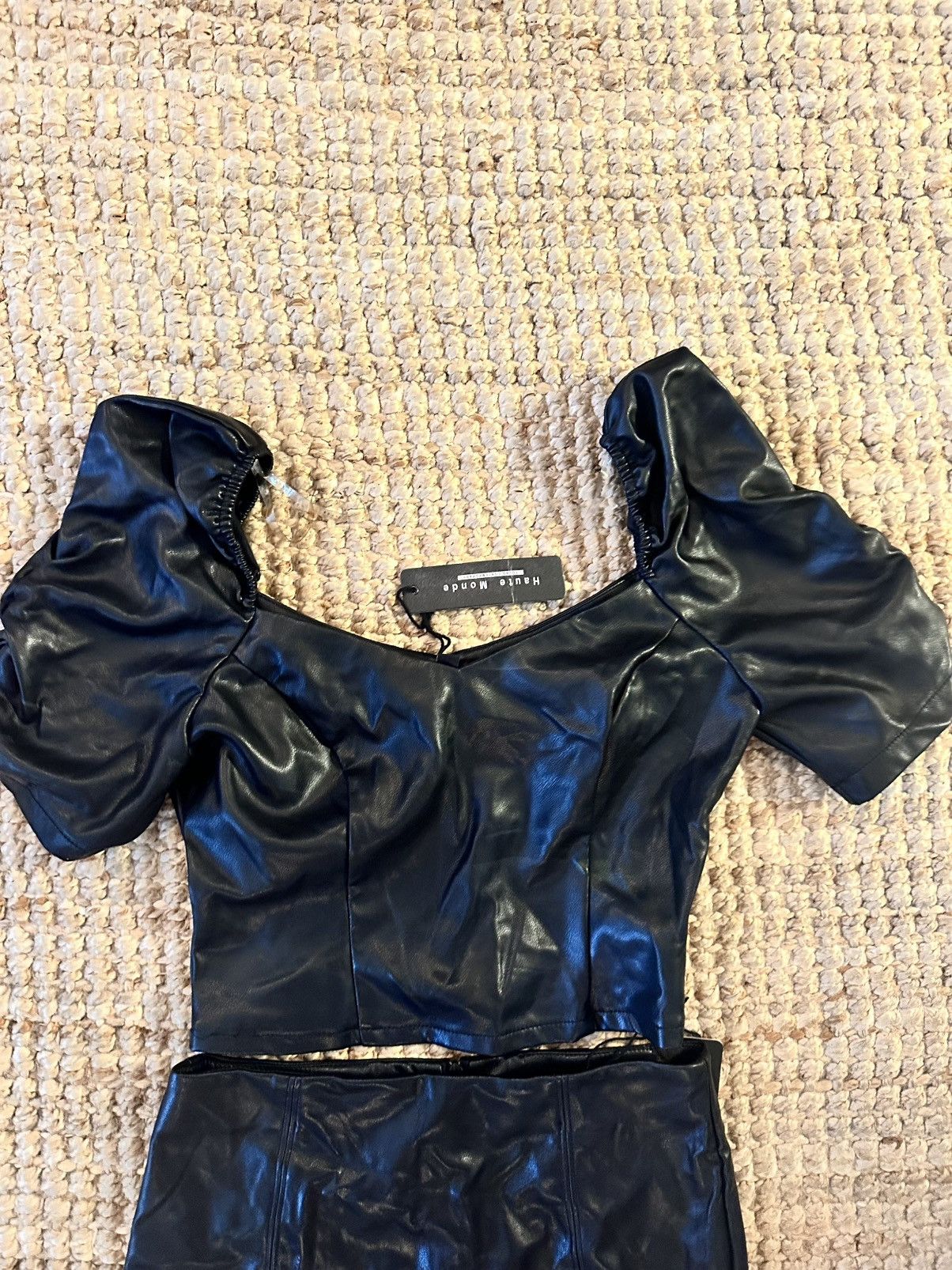 Other HAUTE MONDE BLACK FAUX LEATHER PUFF SLEEVE TOP & MINI SKIRT Size 27" / US 4 / IT 40 - 3 Thumbnail