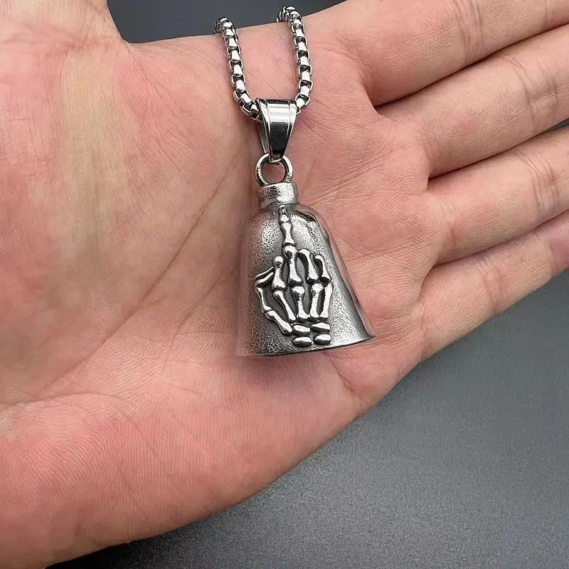 Jewelry Skull Middle Finger Bell Pendant Necklace Size ONE SIZE - 4 Thumbnail