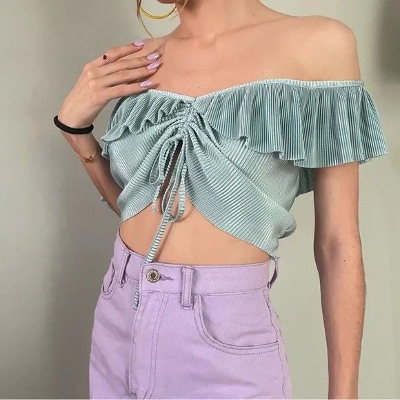 Zara ZARA MERMAID PLEATED SEAFOAM GREEN CROPPED TOP SIZE M Size M / US 6-8 / IT 42-44 - 1 Thumbnail