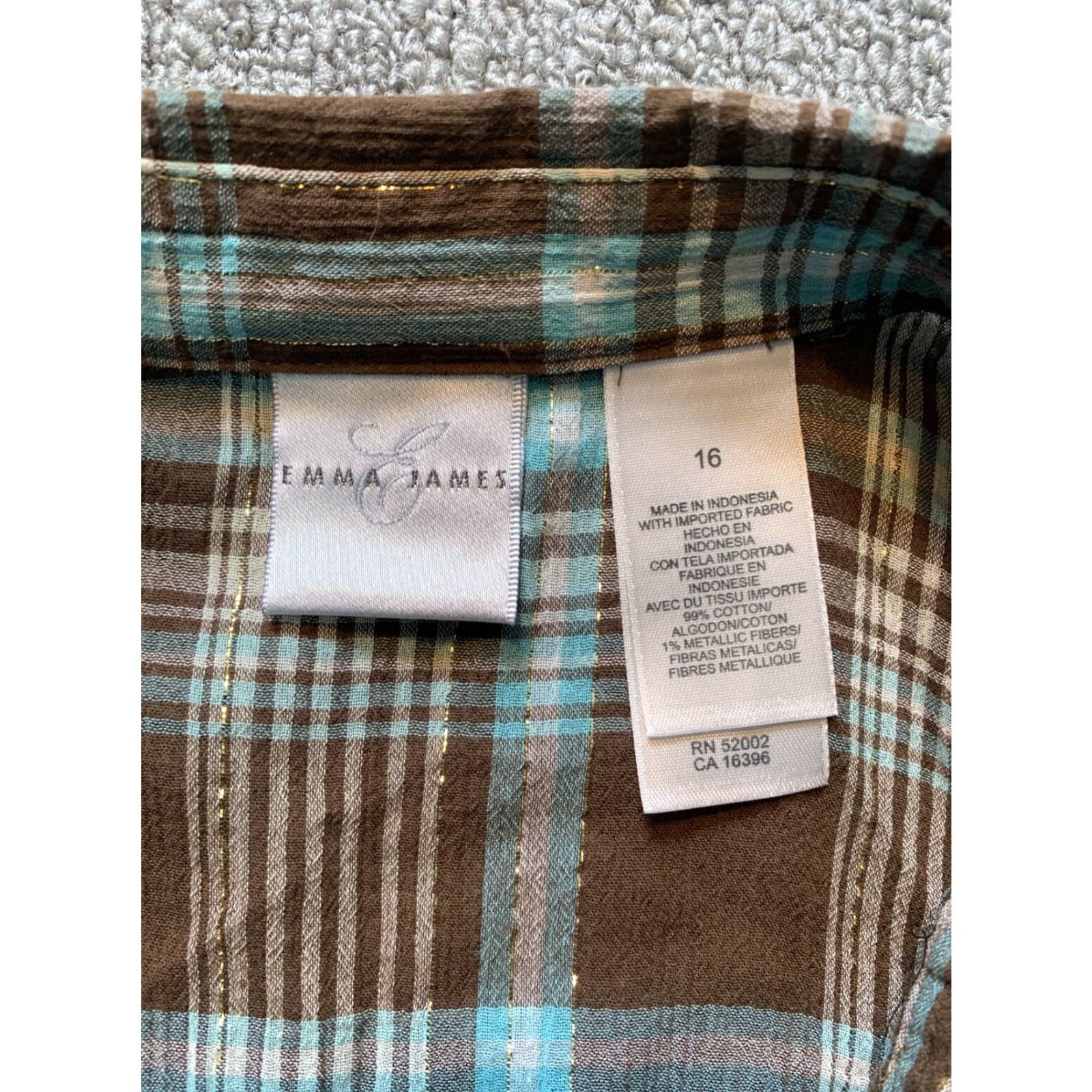 Vintage Emma James Womens 16 Short Sleeve Button-Up Plaid Brown Blue Ruffle Chest Shirt Women Size 38" / US 16 / IT 52 - 3 Thumbnail