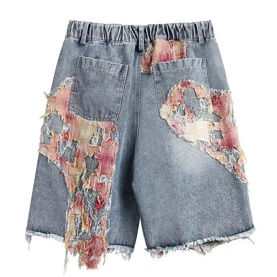 Japanese Brand Torn Lace Faded Shorts Jeans Y2K Vintage Style Stretch Waist Size US 32 / EU 48 - 2 Thumbnail