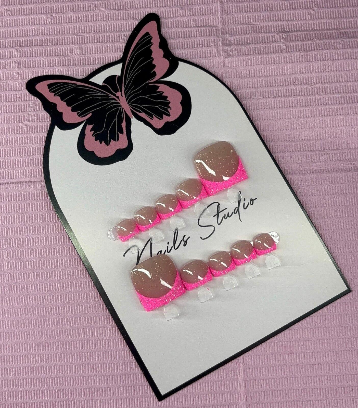 Handmade Press on toenails pink glitter French tips handmade custom Size ONE SIZE - 7 Thumbnail