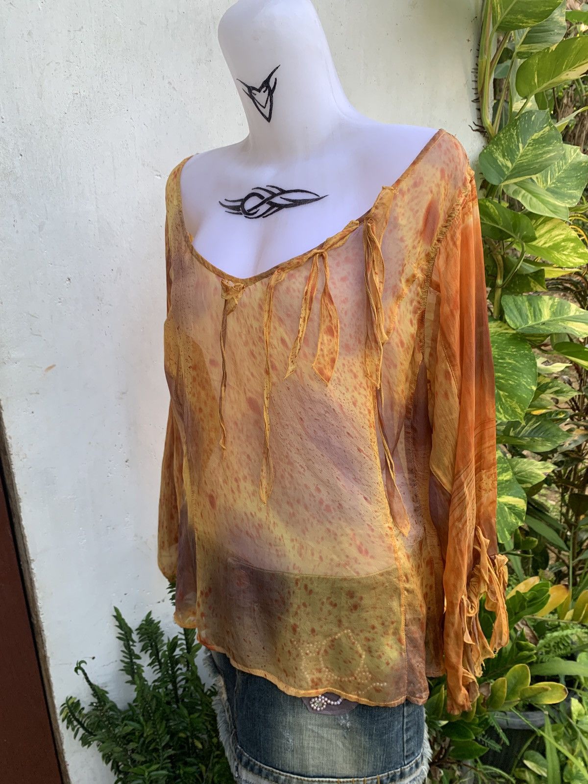 Japanese Brand y2k Earthtone Ruffle Oversize Flare Sleeve Mesh Blouse Top Size ONE SIZE - 2 Thumbnail